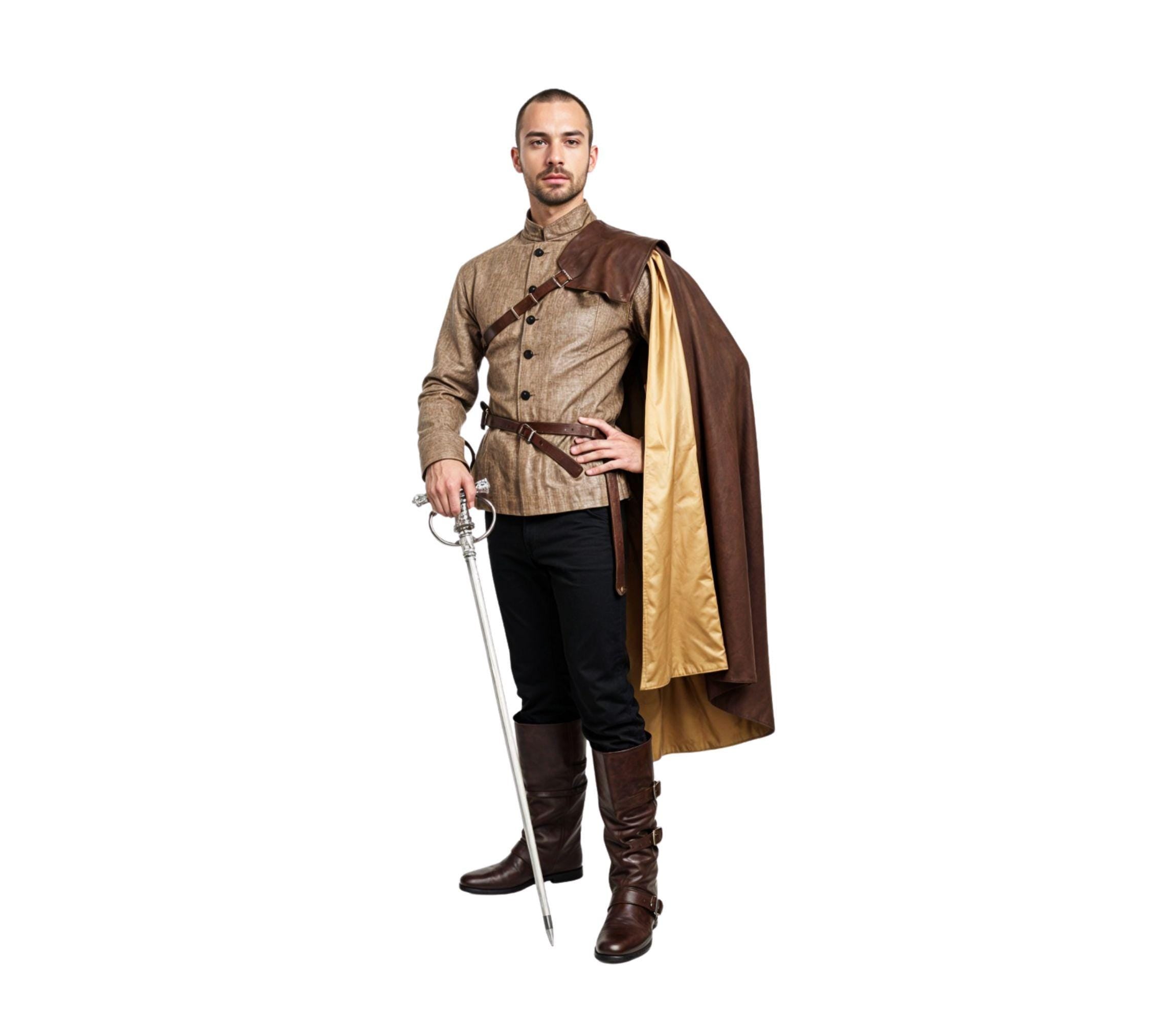 brown leather cavalier shoulder cape for renaissance musketeer cosplay costume, clothing or outfit - larp - ren faire - one shoulder cape - Creed Leather