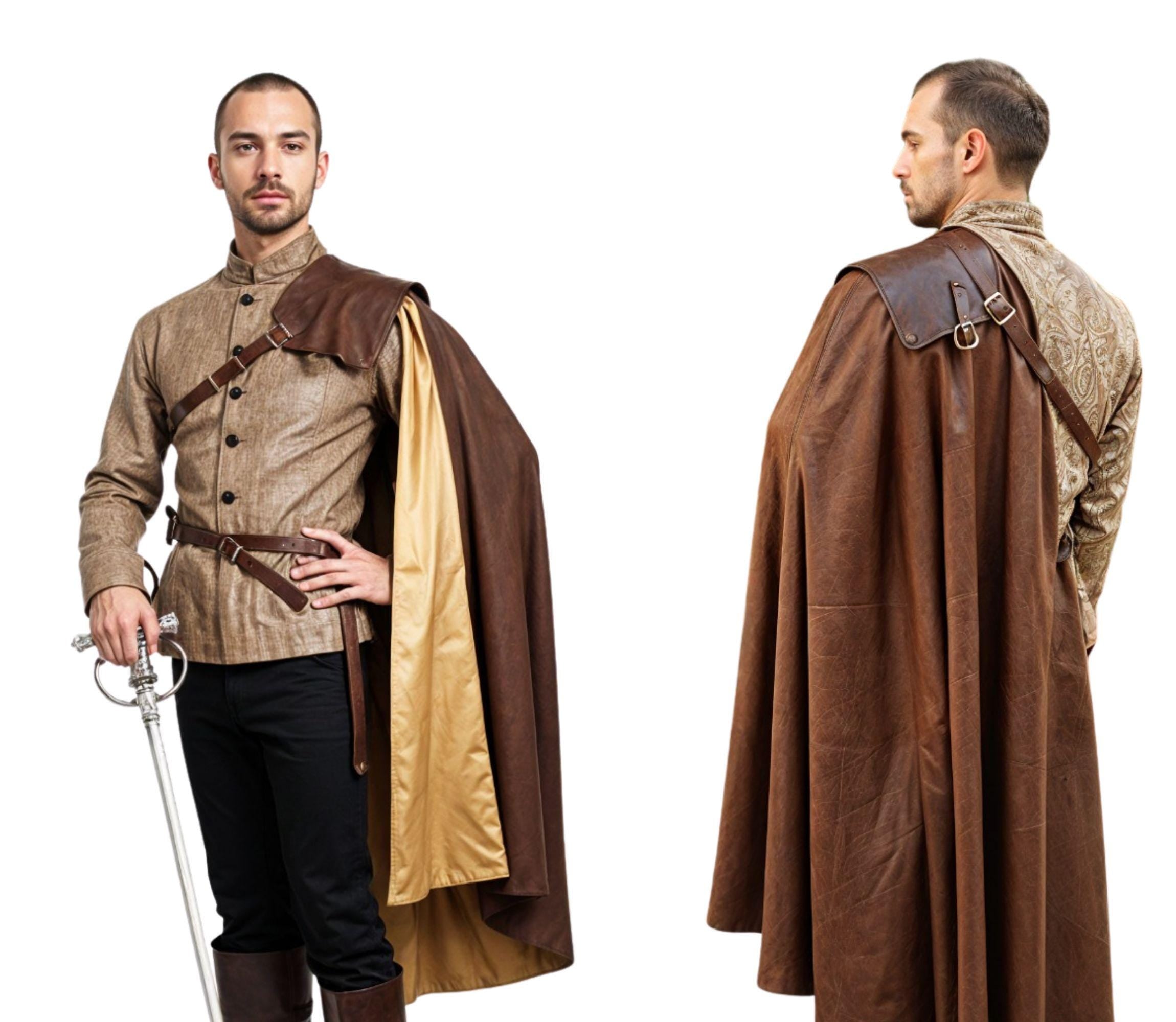 The Bronze Lion - Handmade Brown Leather Cavalier Shoulder Cape - Renaissance Musketeer Cape