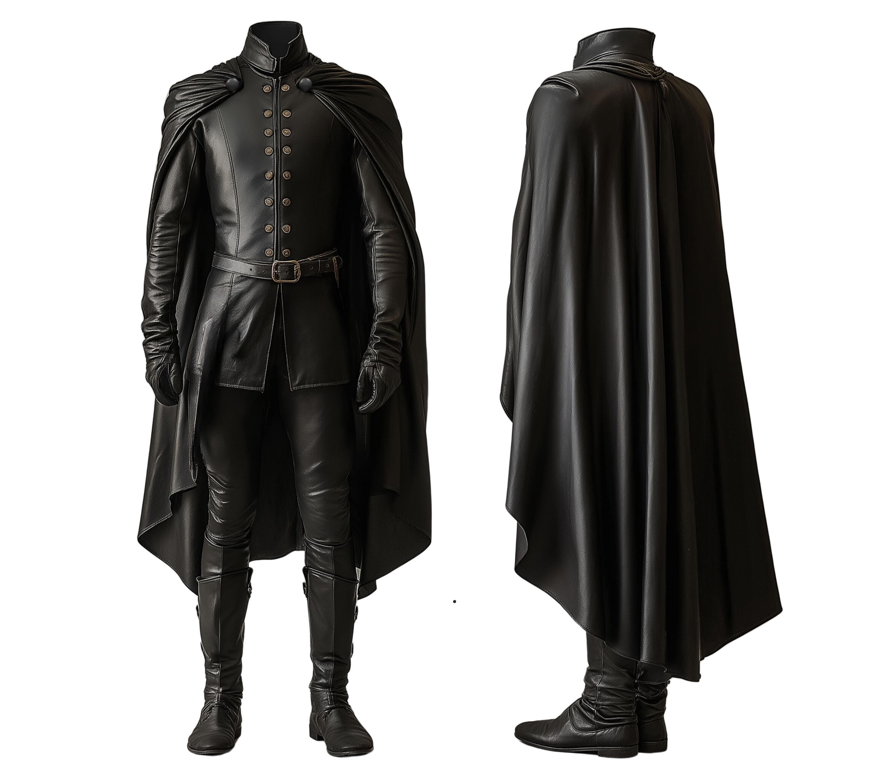 Duke Of Shadows - Handmade Pure Black Leather Medieval Cloak - Leather Renaissance Cloak With Vest For Festival - Ren Faire Fantasy Costume - Medieval Costume