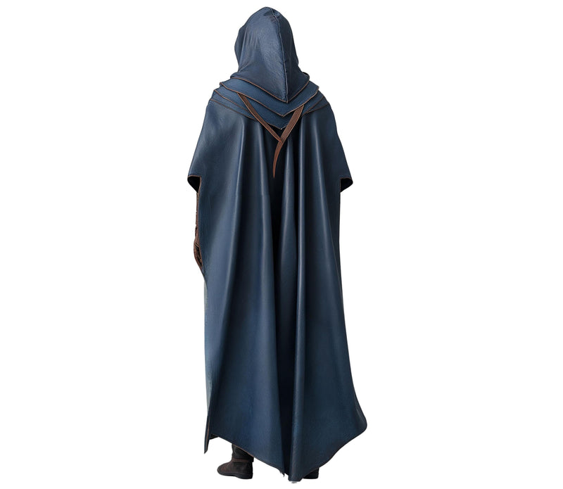 Back view of dark fantasy hooded mage robe with long blue cloak, layered hood design, and leather strap detailing, medieval wizard cosplay costume with flowing cape silhouette.
