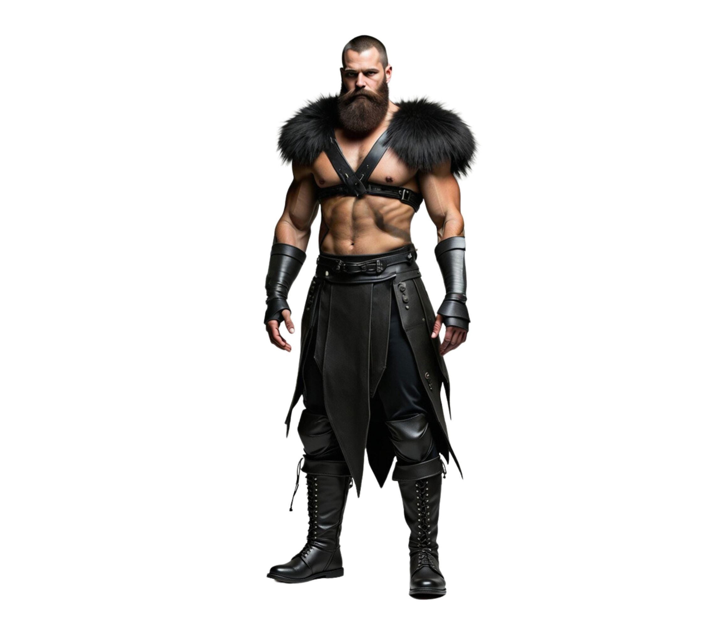 The Black Wolf of the North - Handmade Pure Black Leather Barbarian Fur Costume - Medieval Fur DnD Shoulder Pauldrons With Kilt - Barbarian Mens LARP Cosplay Costume