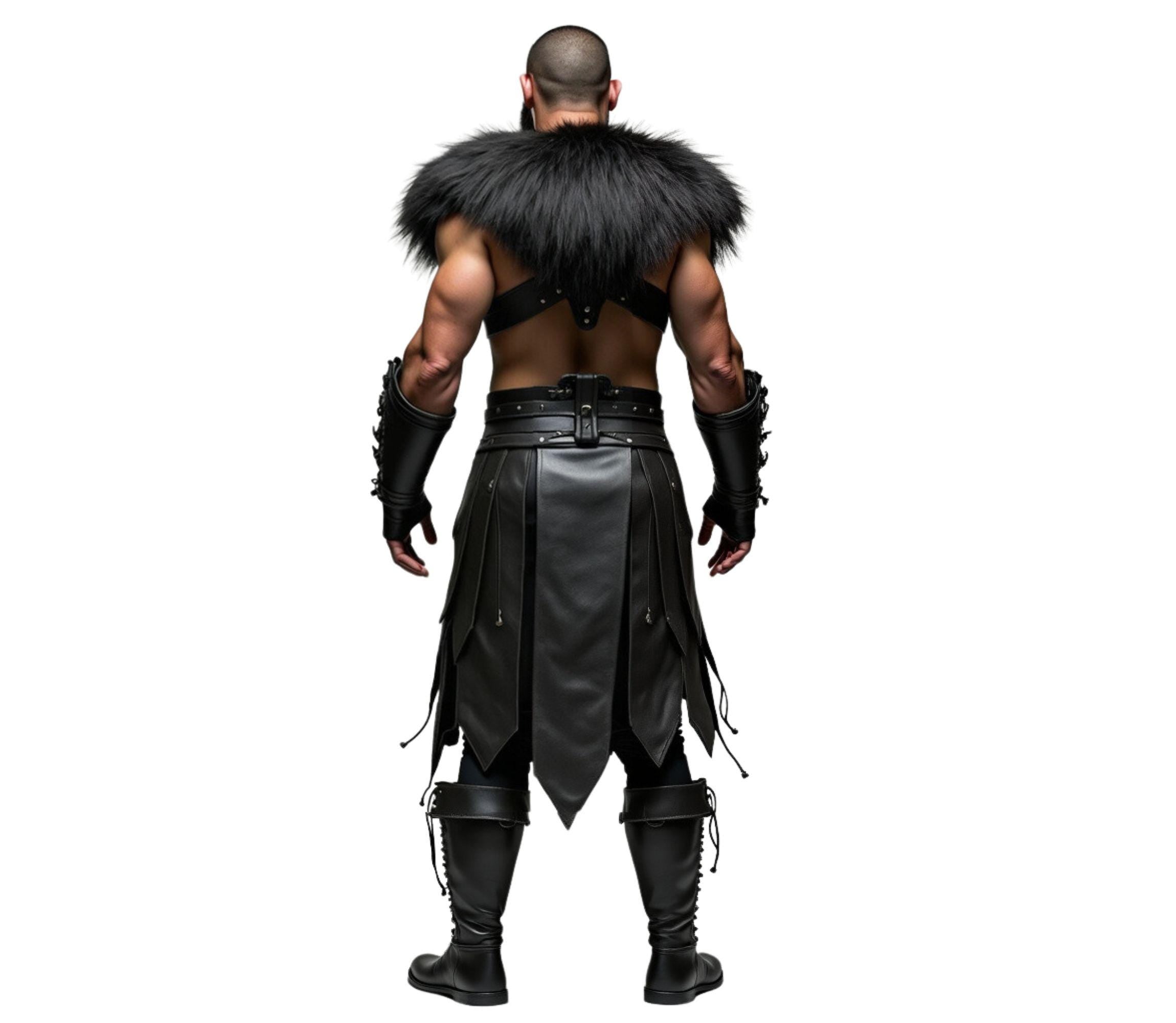 The Black Wolf of the North - Handmade Pure Black Leather Barbarian Fur Costume - Medieval Fur DnD Shoulder Pauldrons With Kilt - Barbarian Mens LARP Cosplay Costume