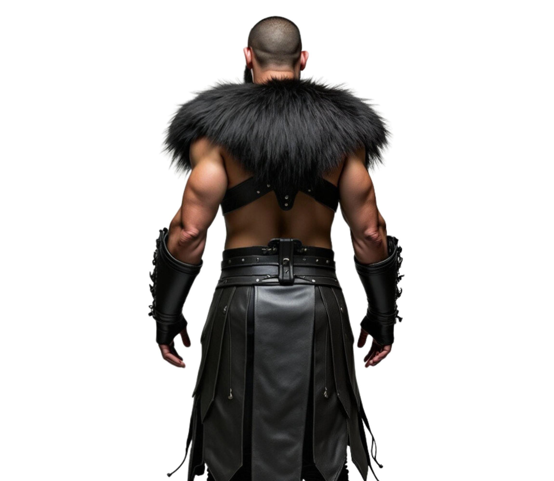 The Black Wolf of the North - Handmade Pure Black Leather Barbarian Fur Costume - Medieval Fur DnD Shoulder Pauldrons With Kilt - Barbarian Mens LARP Cosplay Costume