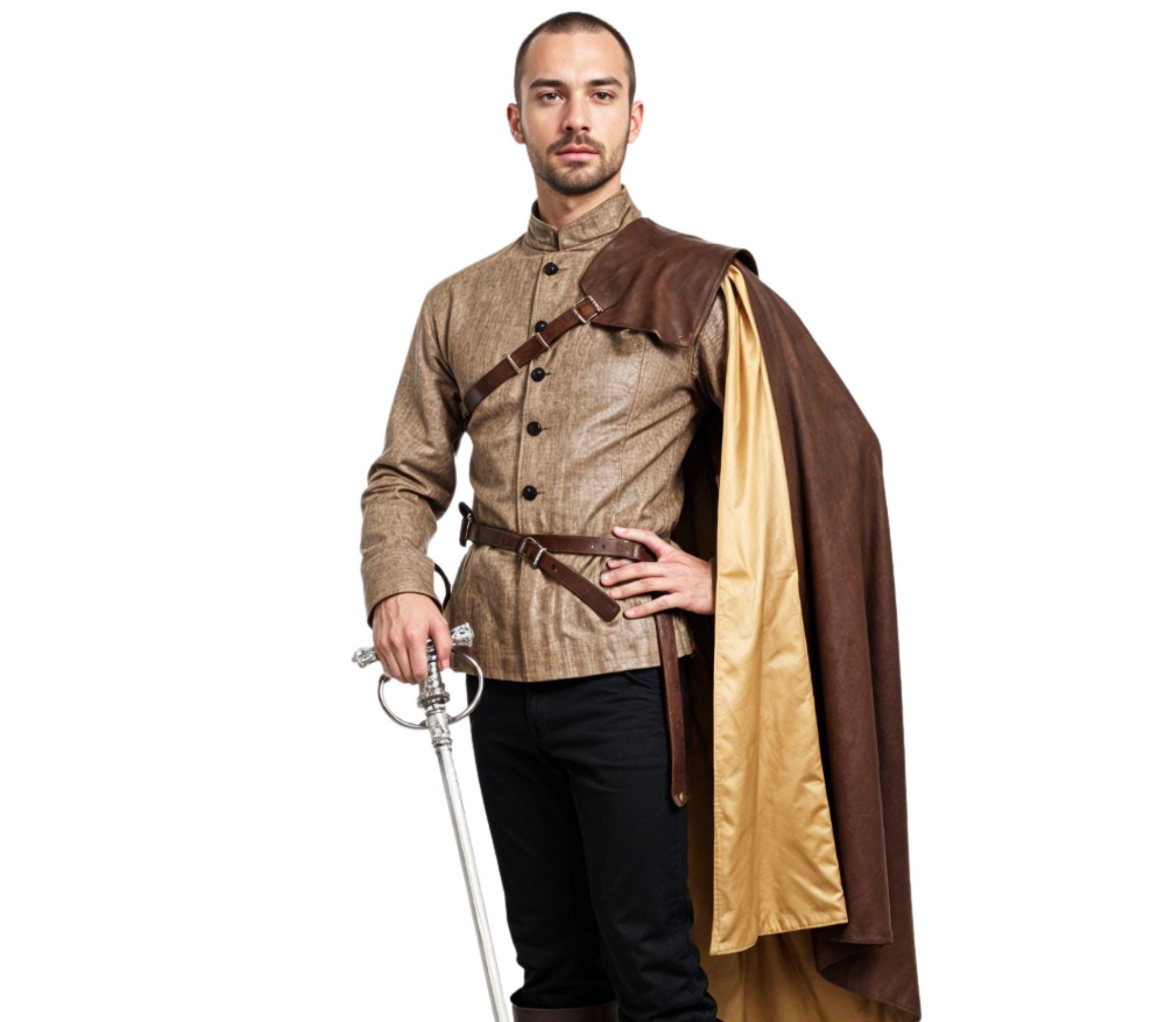 renaissance shoulder cape - cavalier cape - brown leather cape - one shoulder cape - medieval cape for larp and ren faire