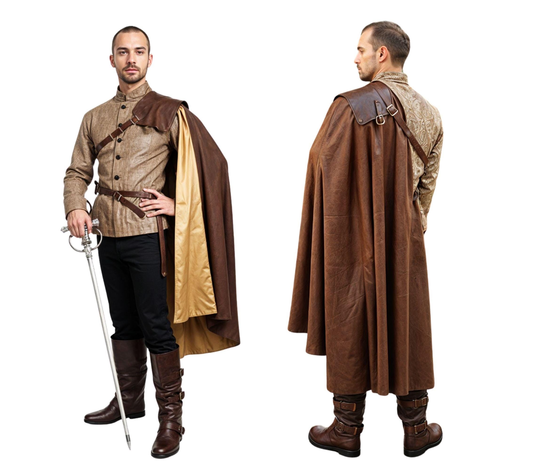 brown leather cavalier shoulder cape for renaissance musketeer cosplay costume for larp clothing or ren faire outfit - medieval shoulder cape - Creed Leather