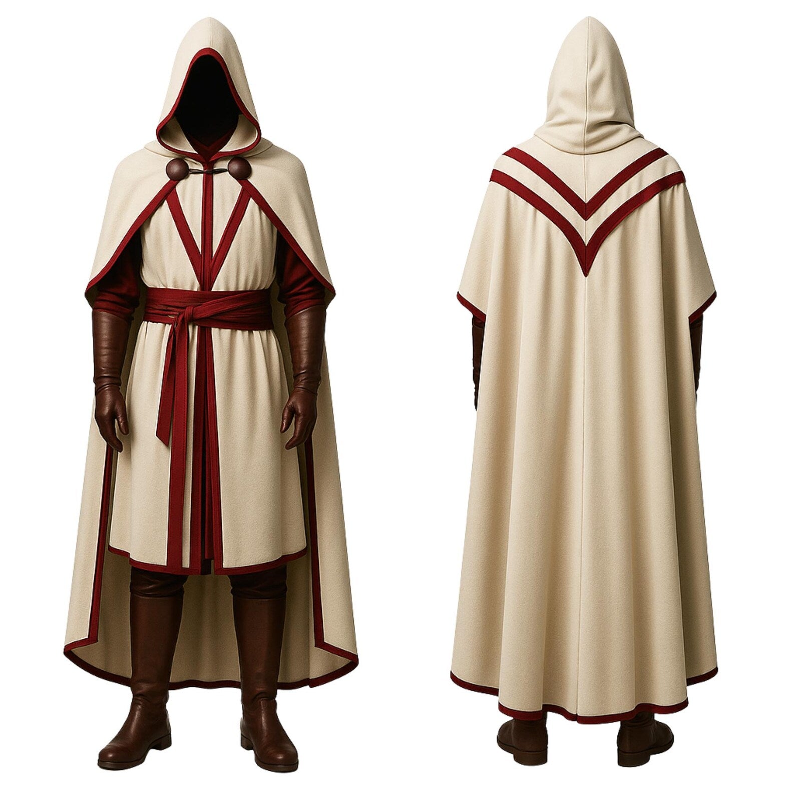 Medieval Hooded Ranger Cloak: Ivory Leather Vest, LARP Costume