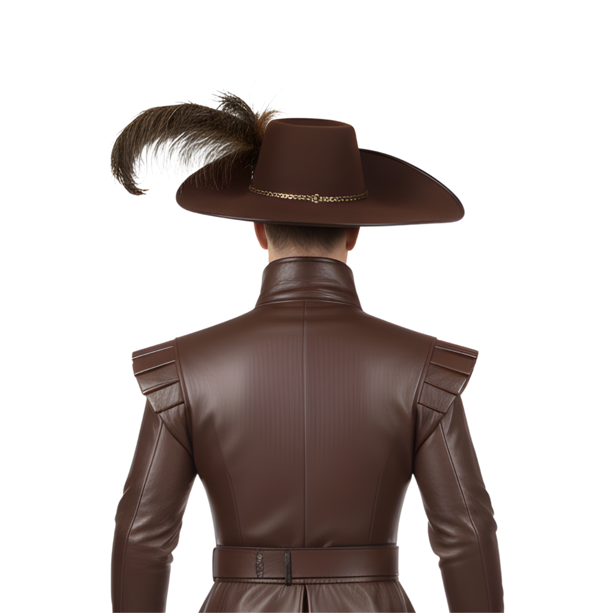 Back close-up of Royal Vindicator men’s leather musketeer outfit highlighting smooth leather craftsmanship, reinforced shoulder panels, tailored seam lines, and authentic Renaissance nobleman construction for LARP and historical cosplay. - Creed Leather