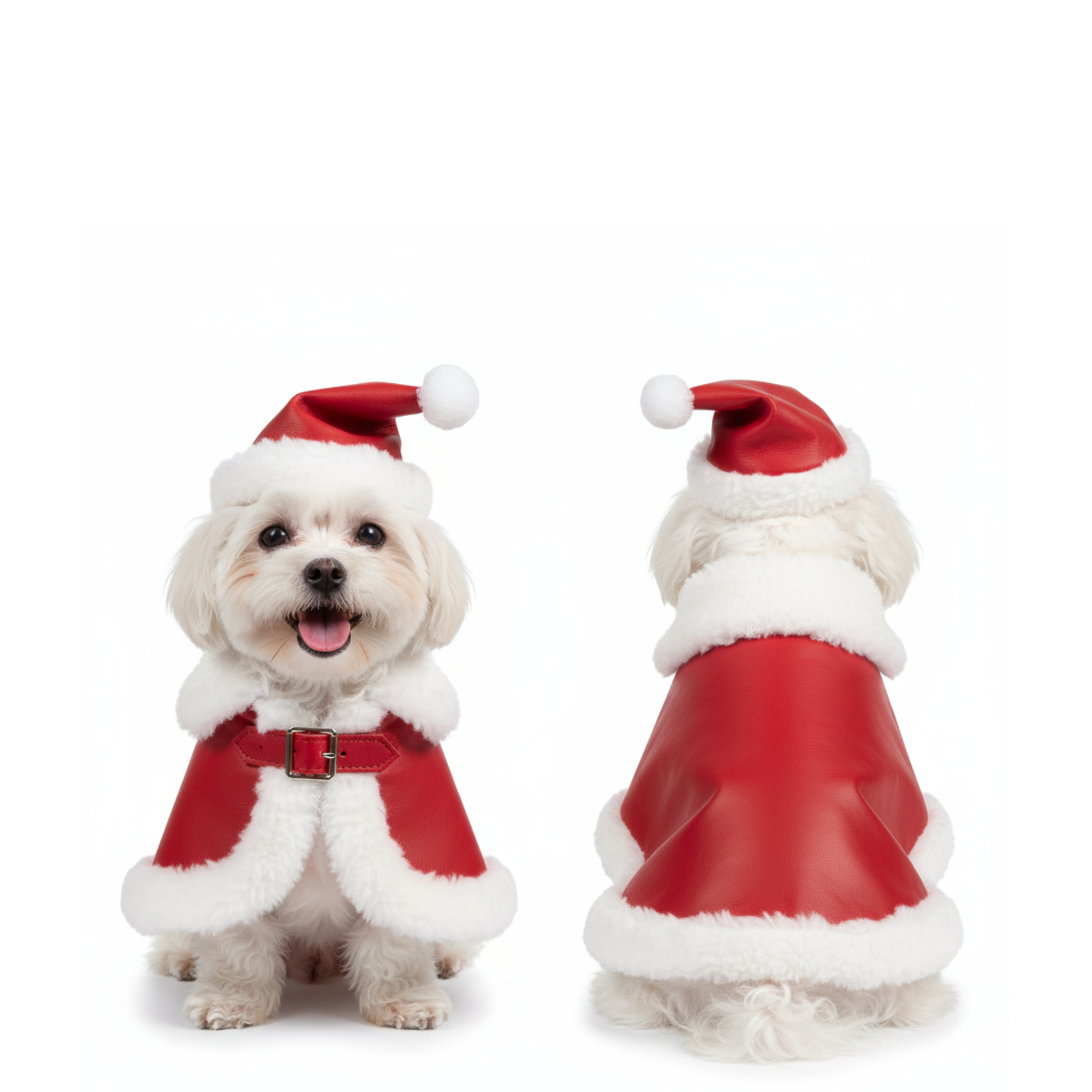 Santa Dog Cloak with Matching Cap – Red Leather Christmas Pet Cape with White Fur Trim – Holiday Photo Outfit