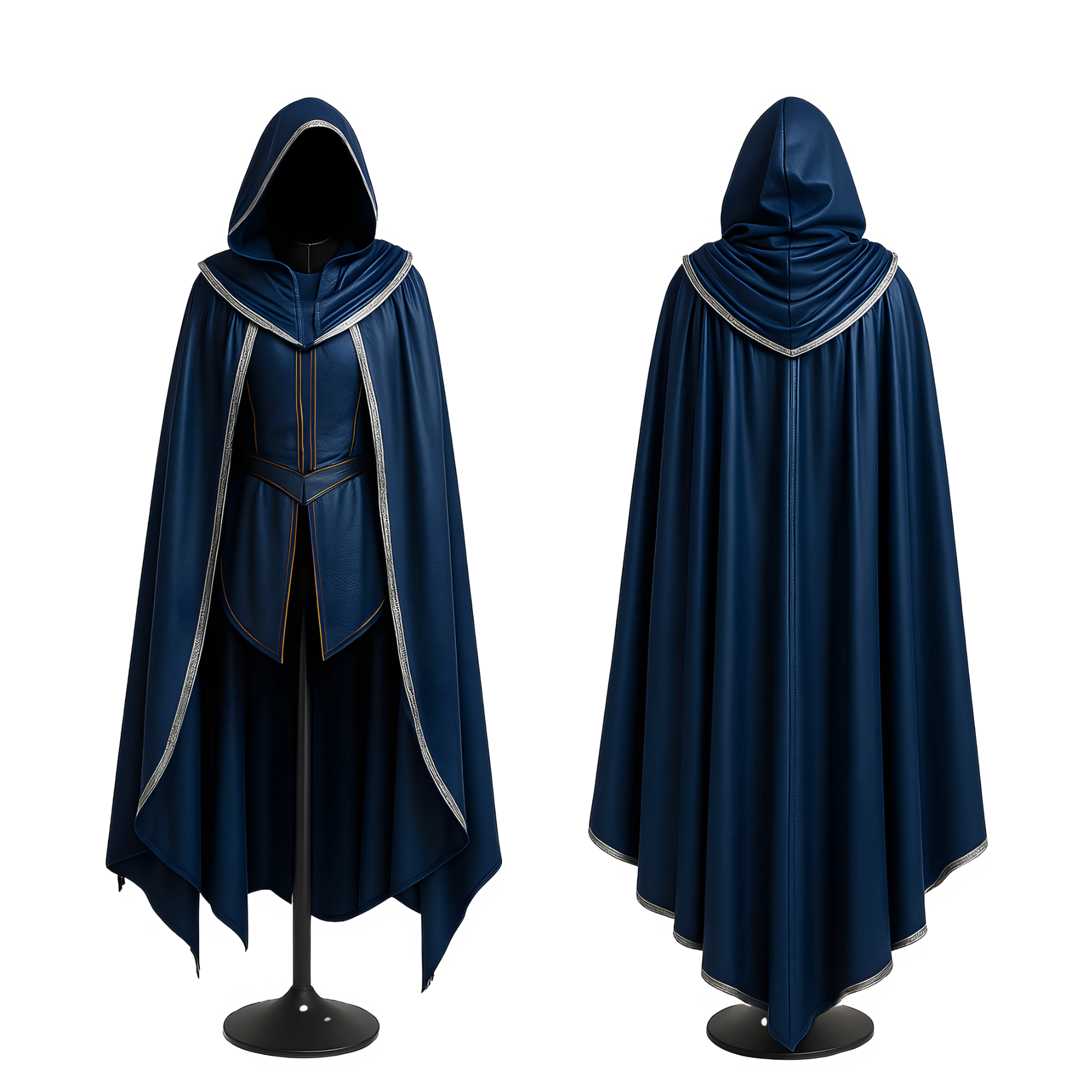 Handmade Blue Leather Hooded Cloak & Vest: Medieval LARP Costume