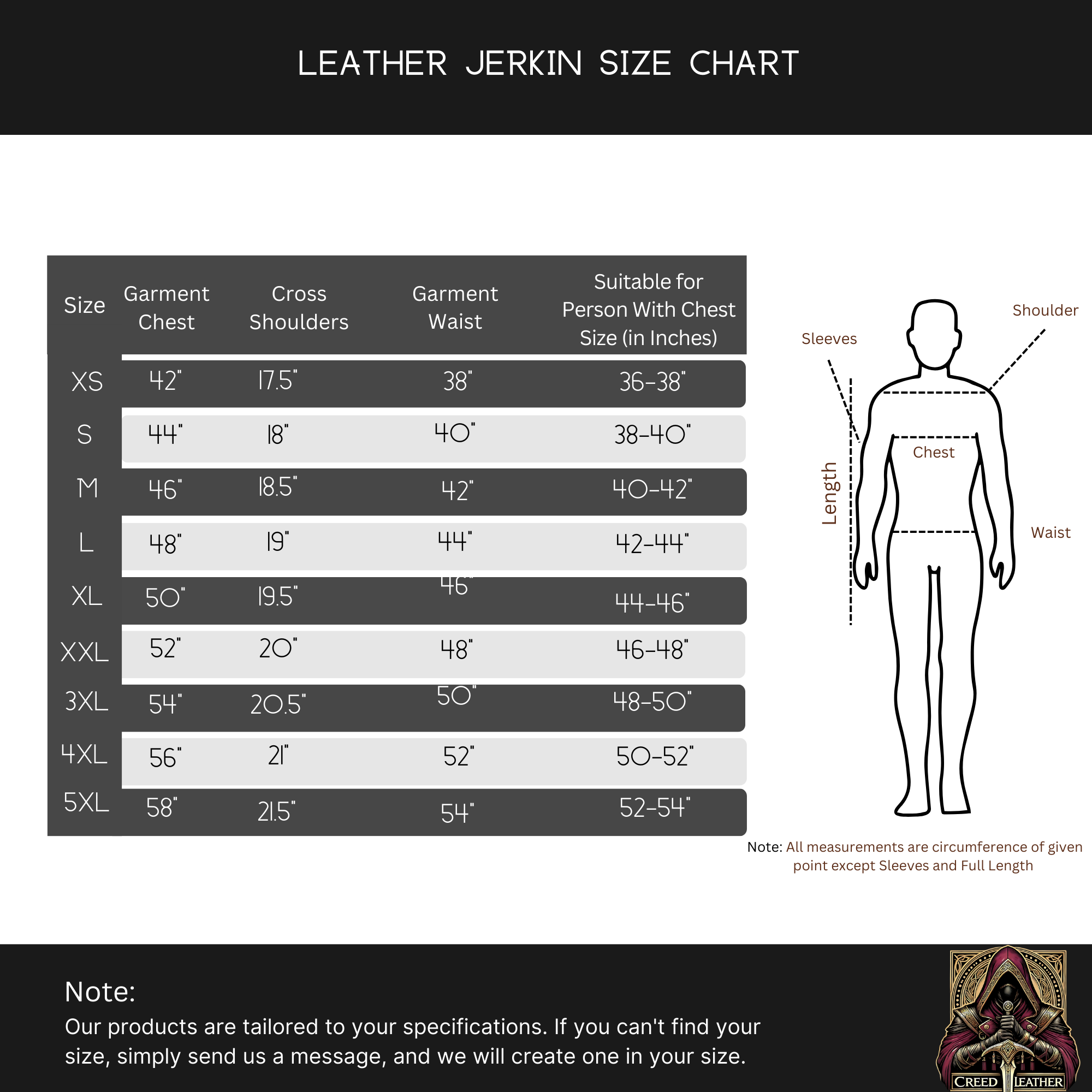 creed leather size chart