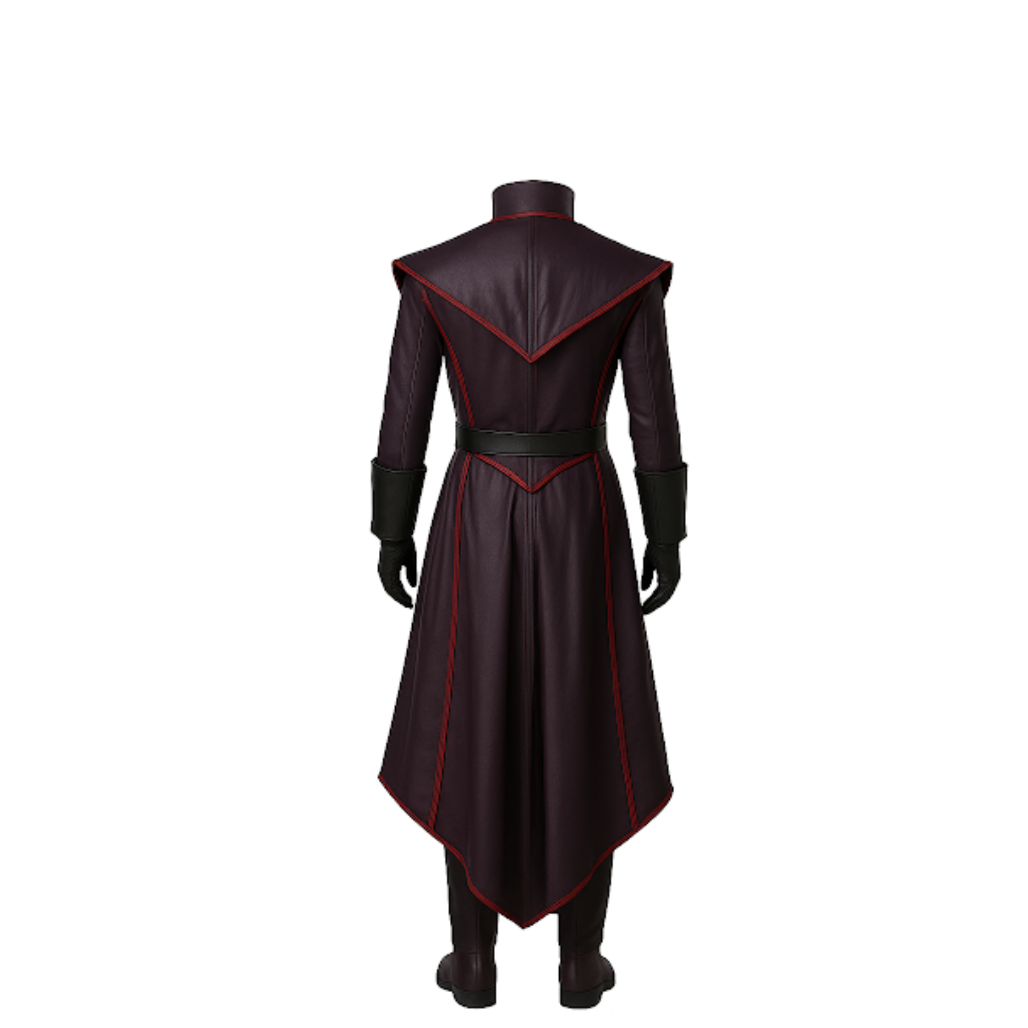 Back view of long dark fantasy coat with red-trim accents and extended tail design, gothic cosplay outfit.