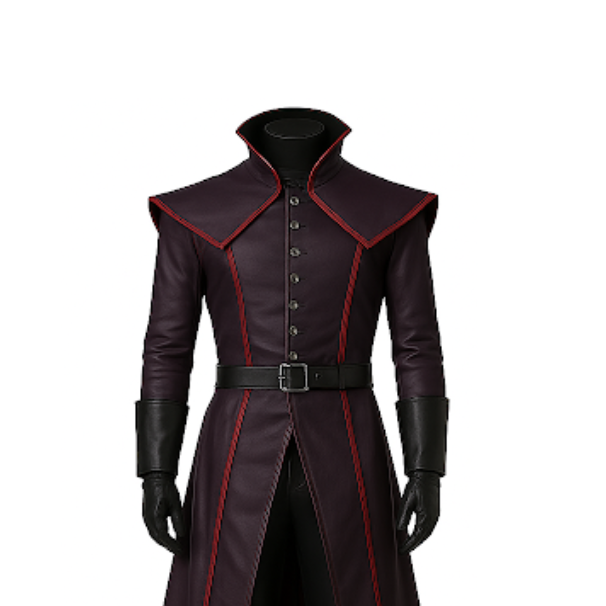 Close-up front view of dark gothic coat with red piping, high standing collar, button-up front, and black belt.