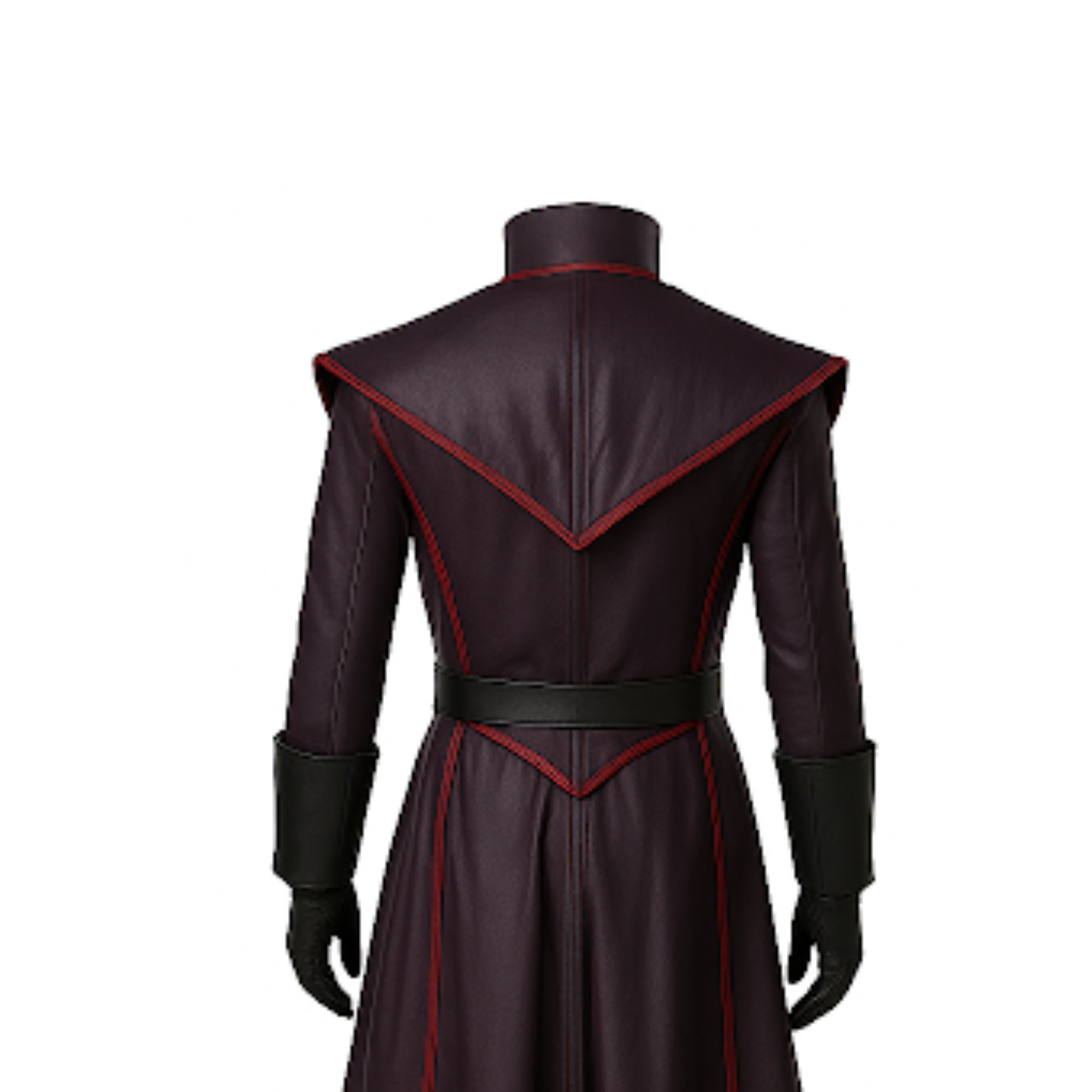 Close-up back view showing detailed red trim and paneling on dark gothic trench coat costume.