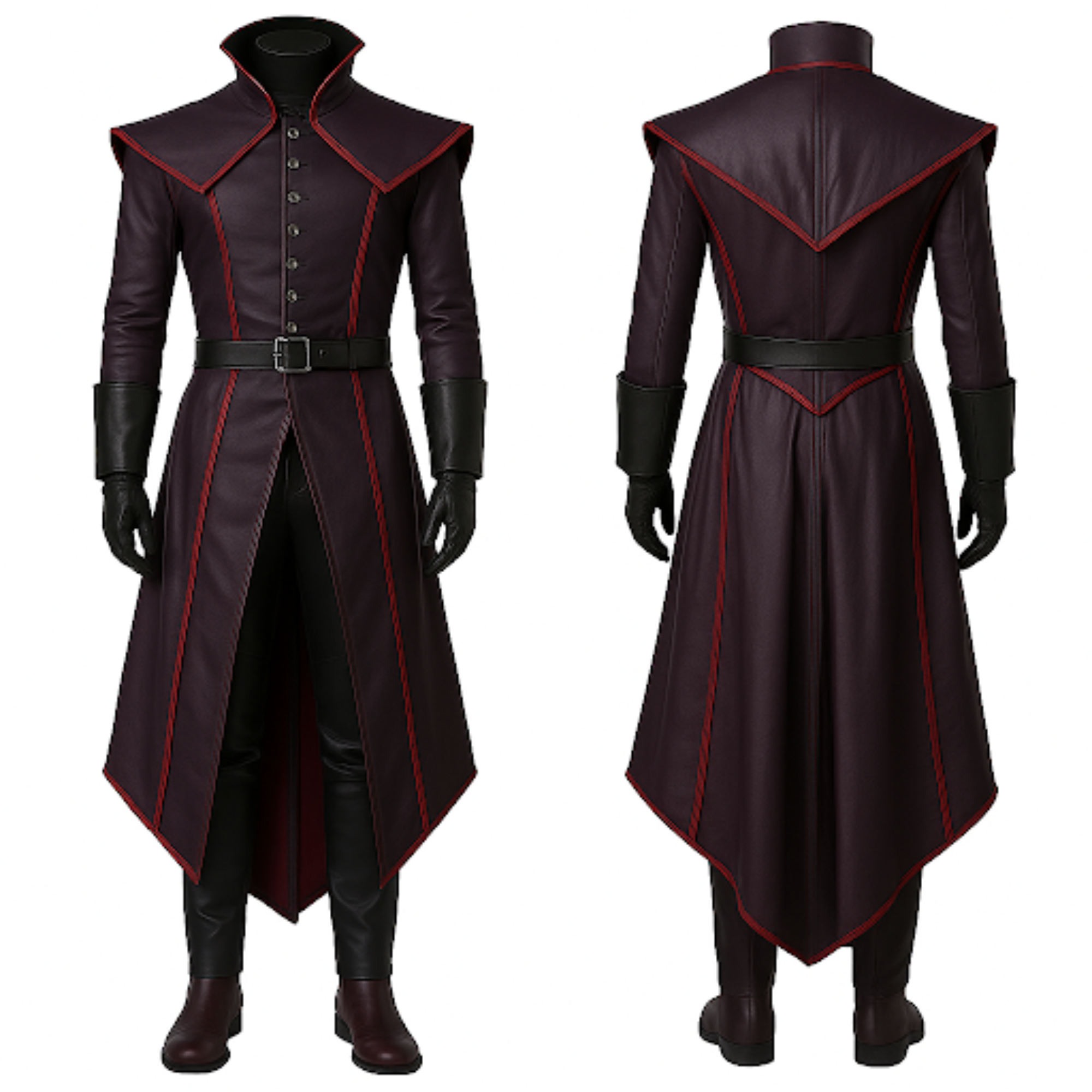 Front and back comparison of dark gothic trench coat costume featuring high collar, red trim, and long coat tail design.