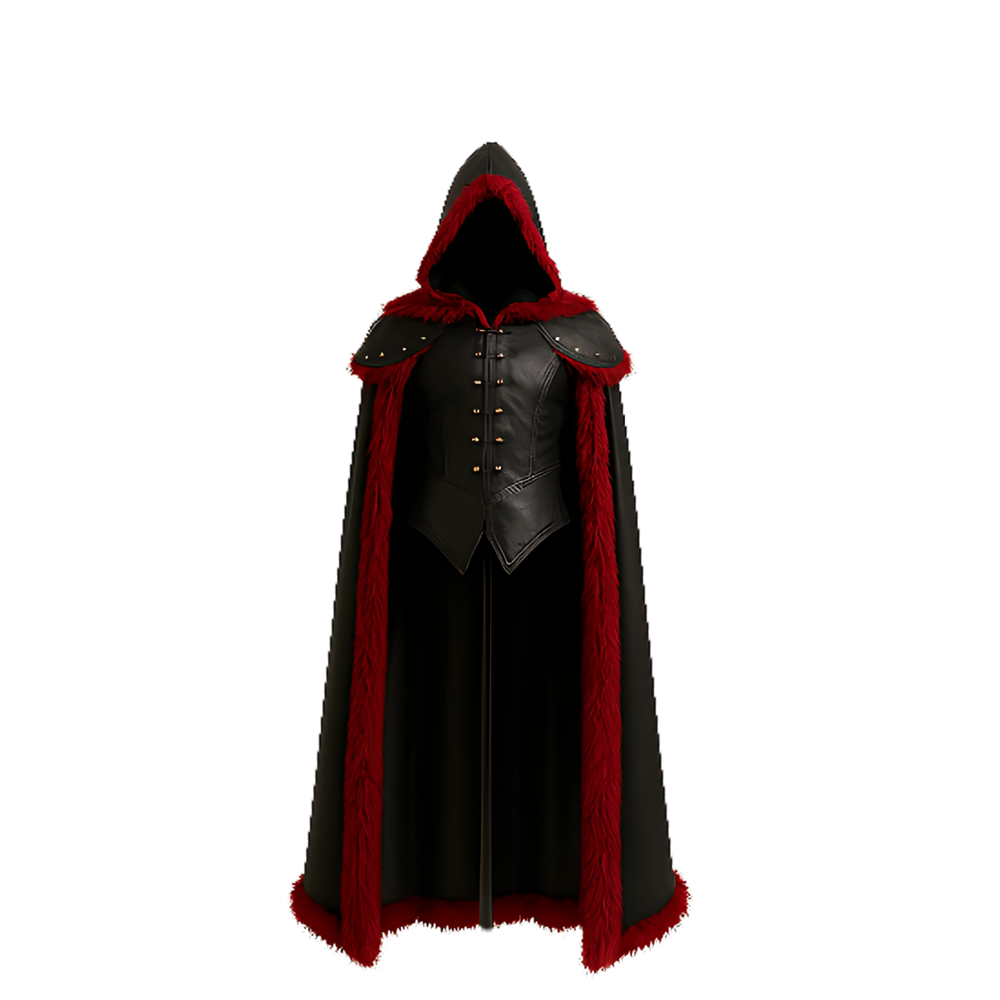 The Crimson Howler – Black Hooded Leather Cloak with Red Fur & Leather Vest - Gothic Vampire LARP Cosplay, Gothic, Witch Halloween Outfit