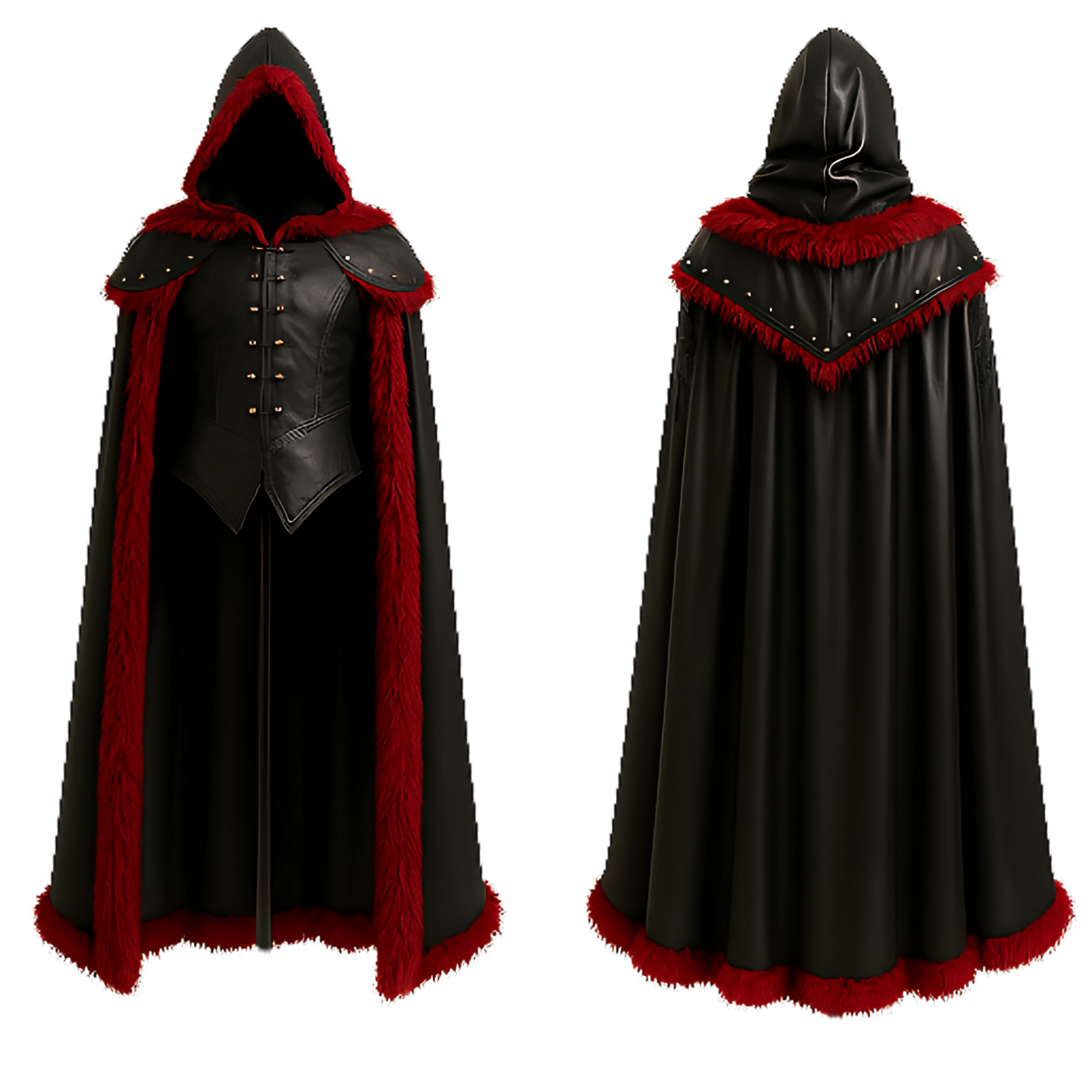 The Crimson Howler – Black Hooded Leather Cloak with Red Fur & Leather Vest - Gothic Vampire LARP Cosplay, Gothic, Witch Halloween Outfit