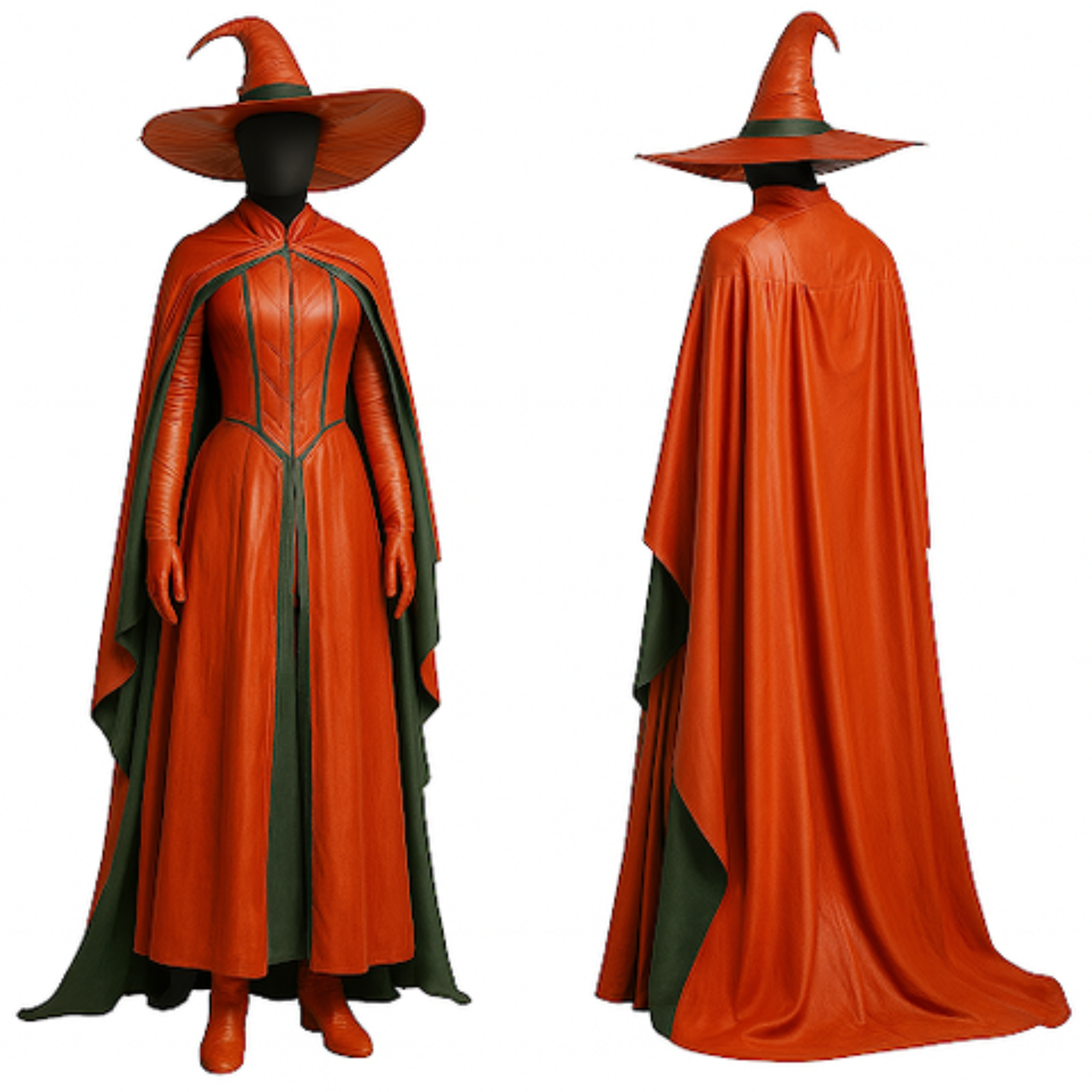 The Emberflame Witch - Orange Leather Cloak with Hat - Gothic Witch Costume - Halloween Fantasy Witch Outfit for Cosplay, Renaissance Faire