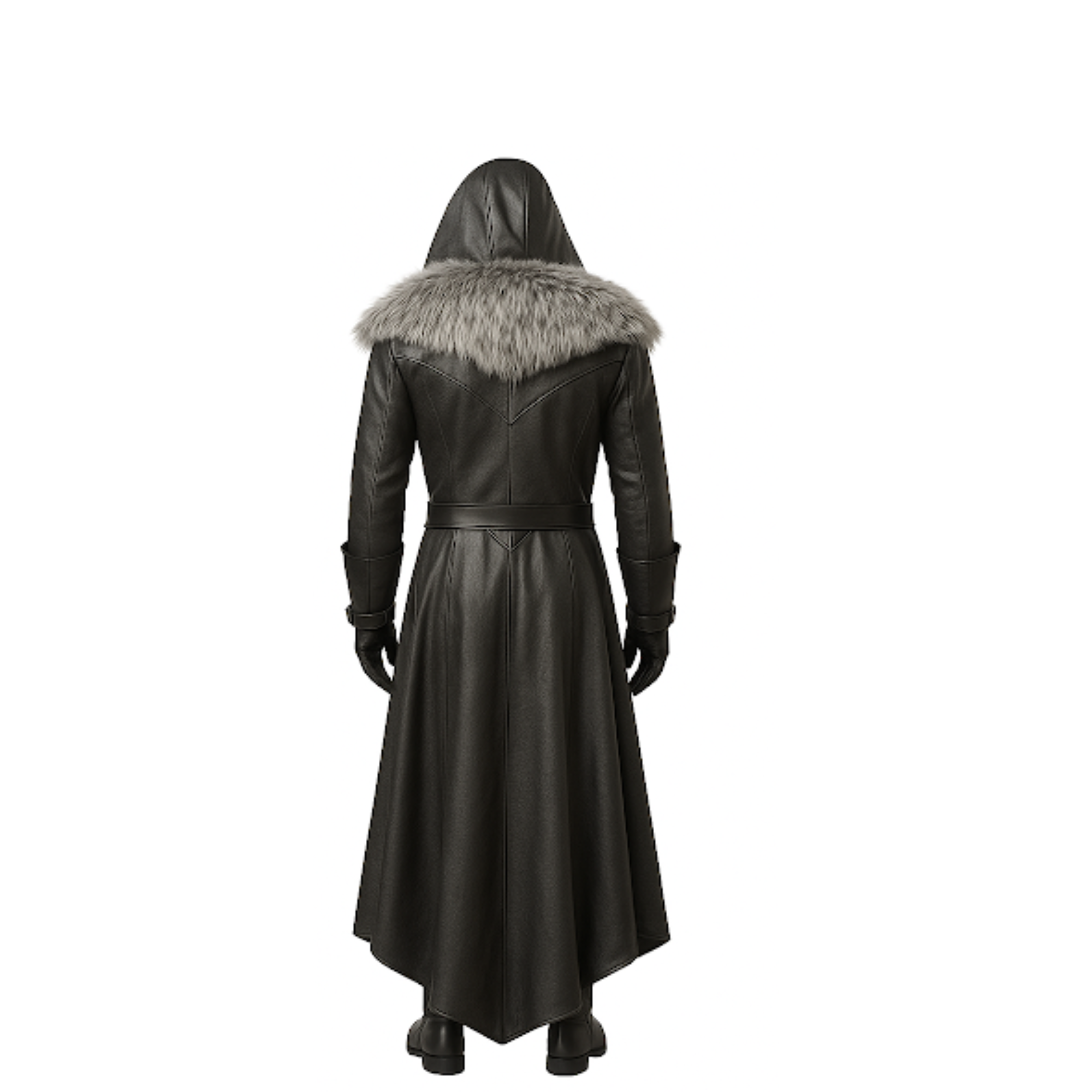 Back view of medieval fur-hooded leather trench coat featuring long flowing design, full-length leather panels, and gothic LARP styling.