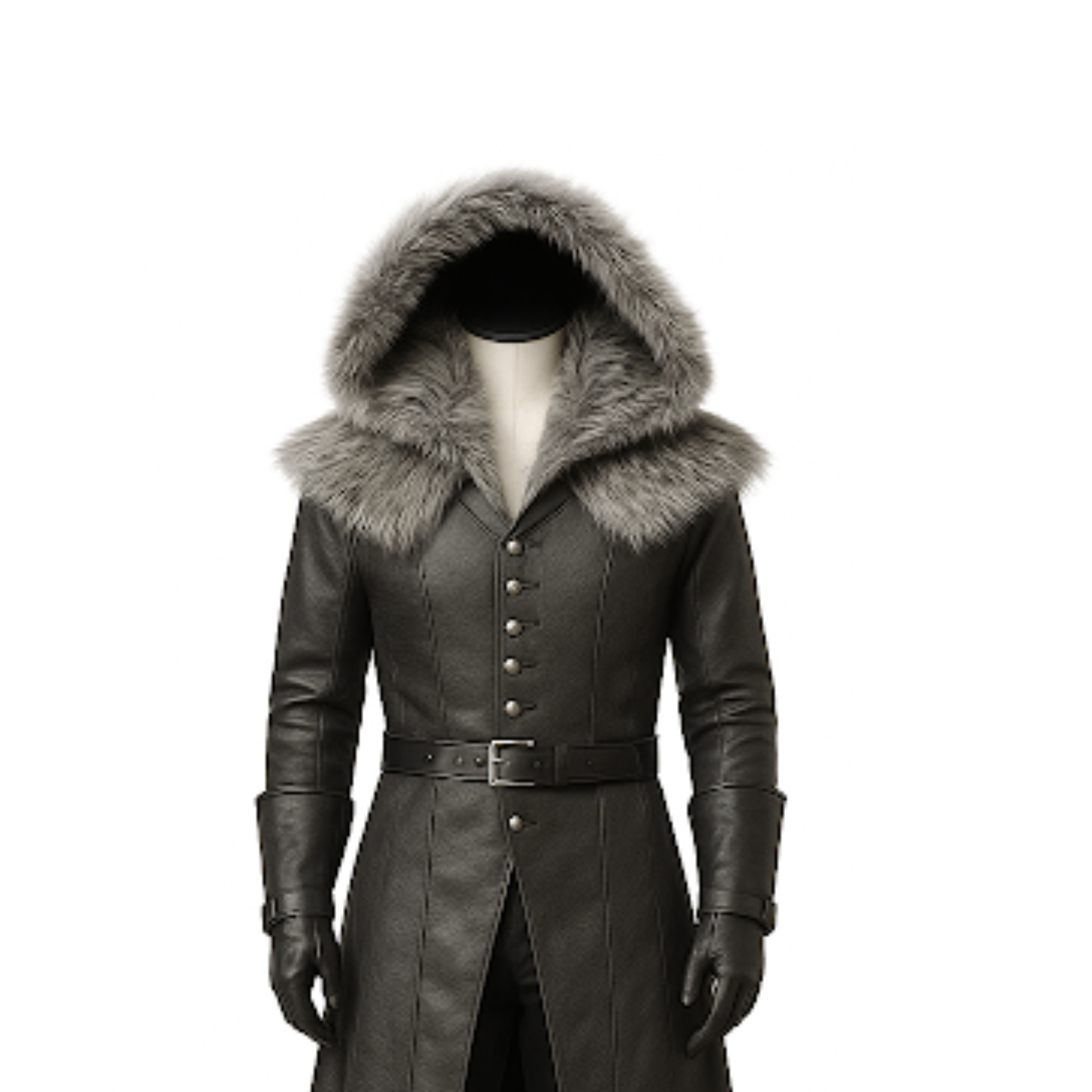 Front display of medieval fur-hooded leather trench coat – gothic cosplay trench with long faux-fur hood and handcrafted medieval detailing.