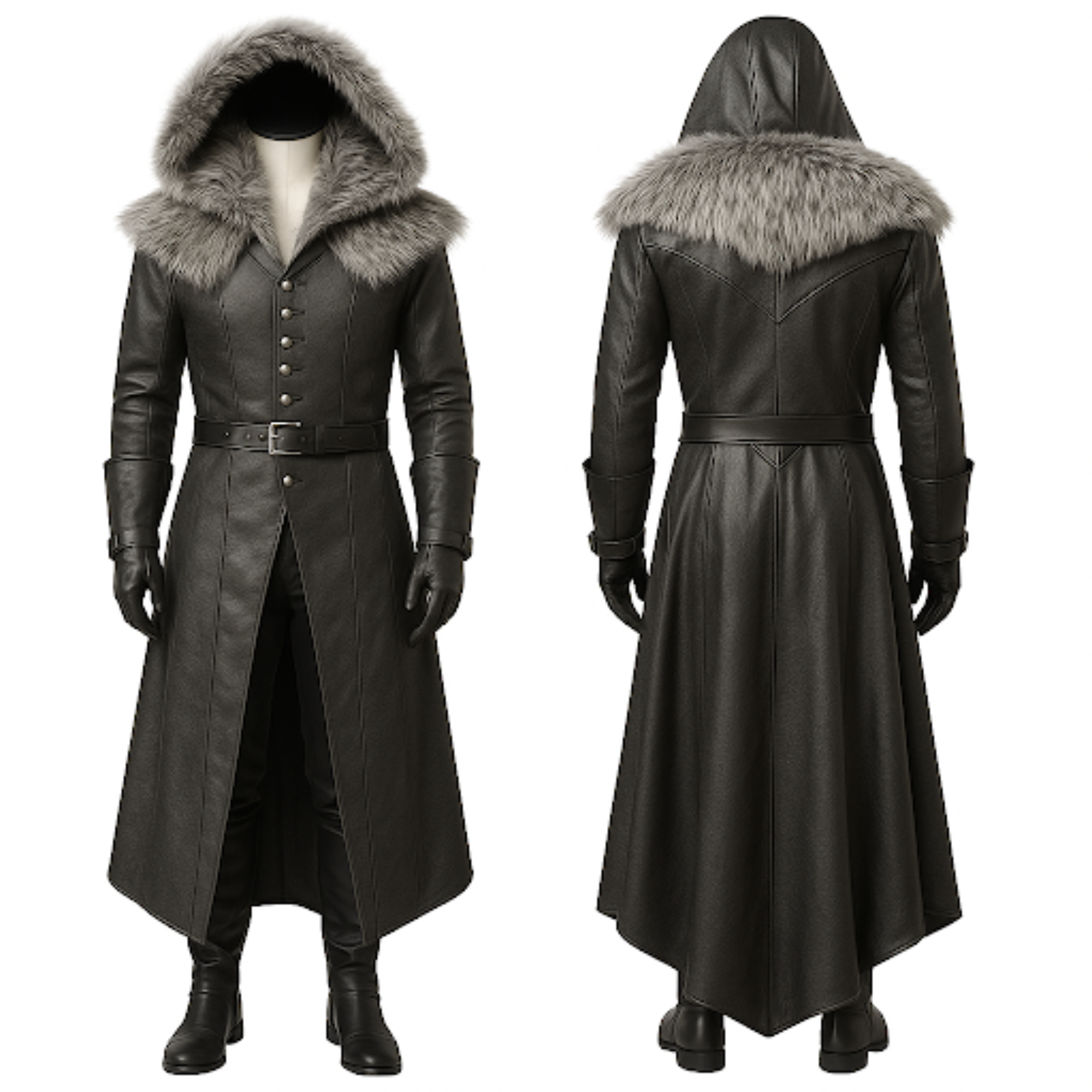 Side-by-side front and back views of medieval fur-hooded leather trench coat showing full gothic LARP cosplay design and premium leather construction.
