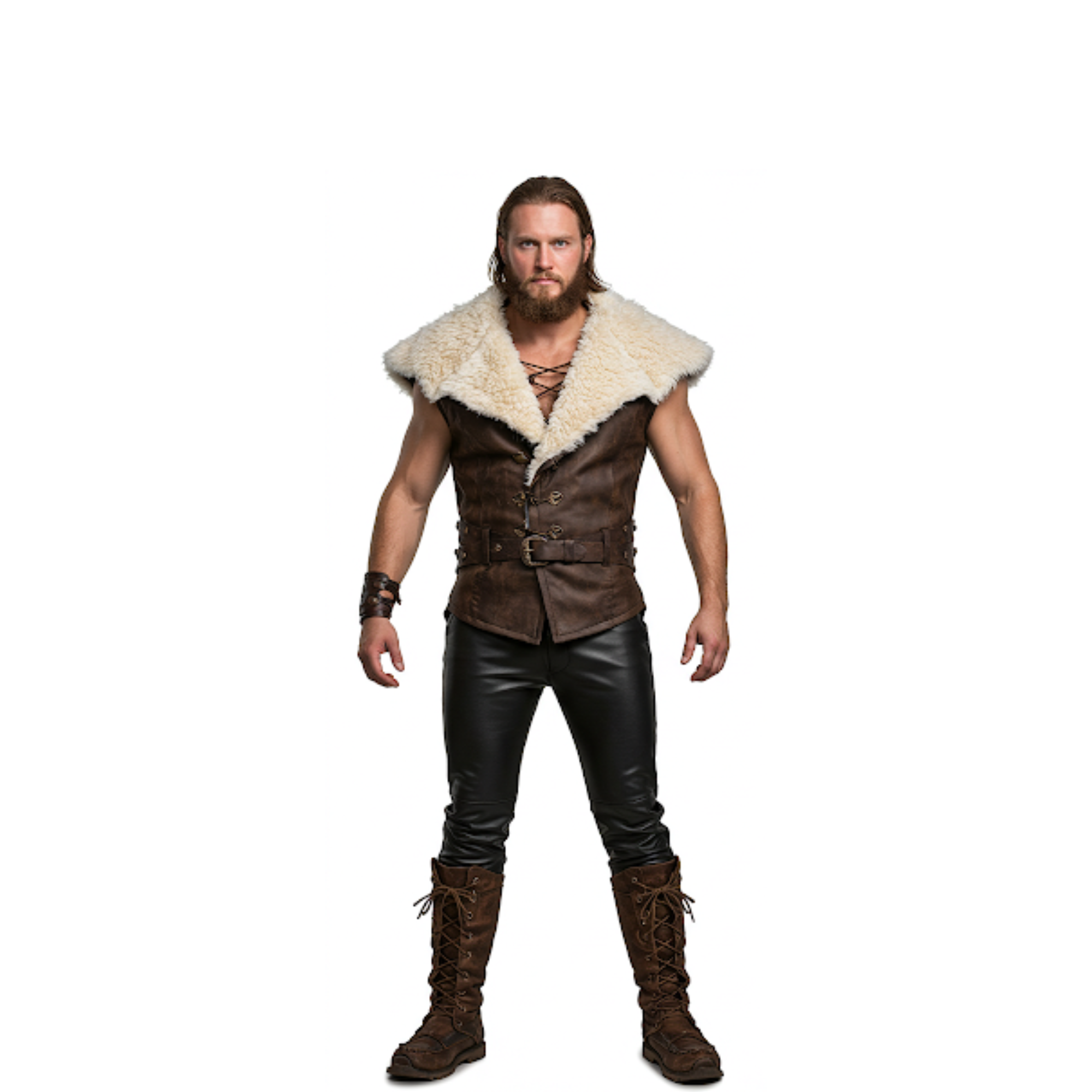 Brown Leather Viking Vest – Ironfang Alpha, Fur Collar LARP Costume