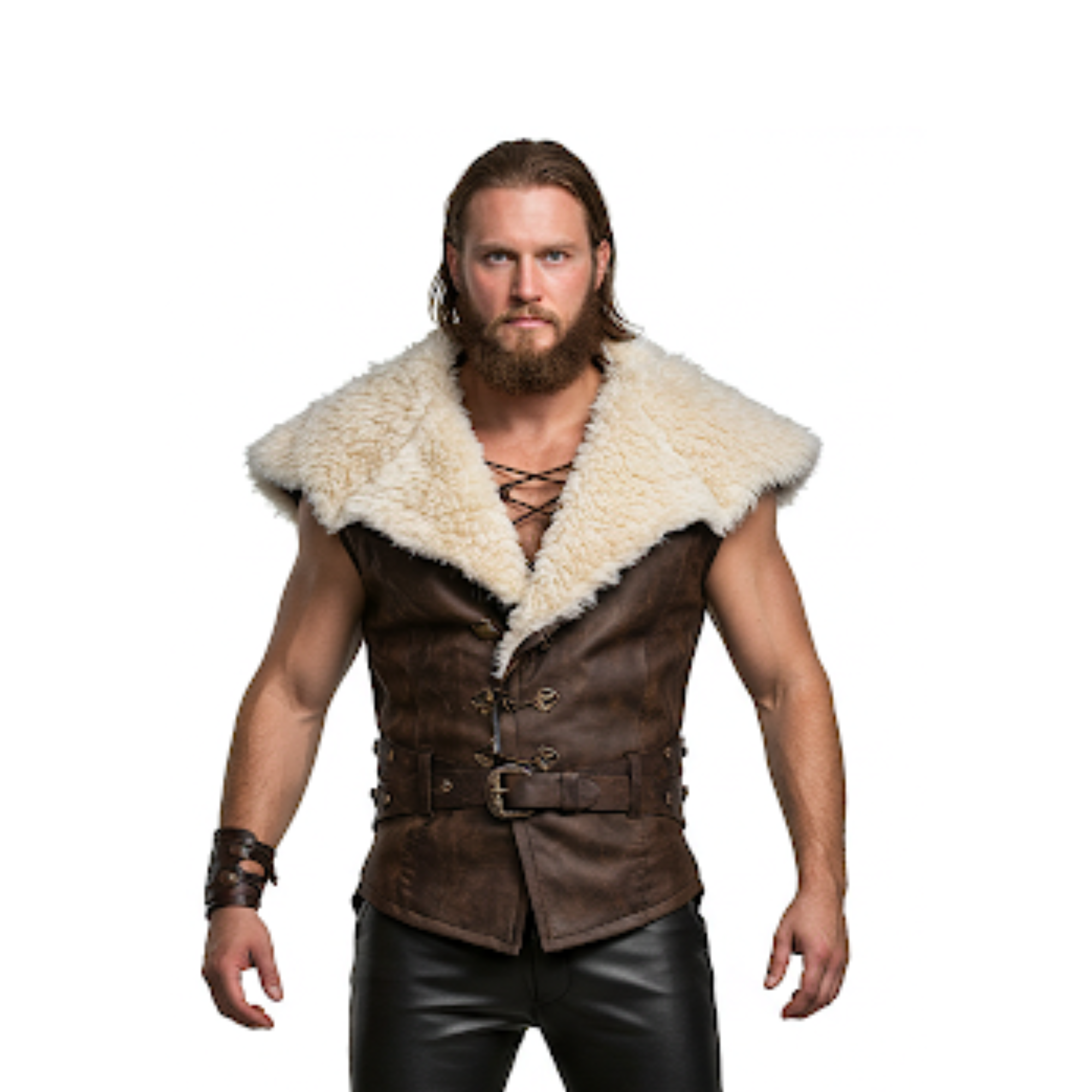 Brown Leather Viking Vest – Ironfang Alpha, Fur Collar LARP Costume