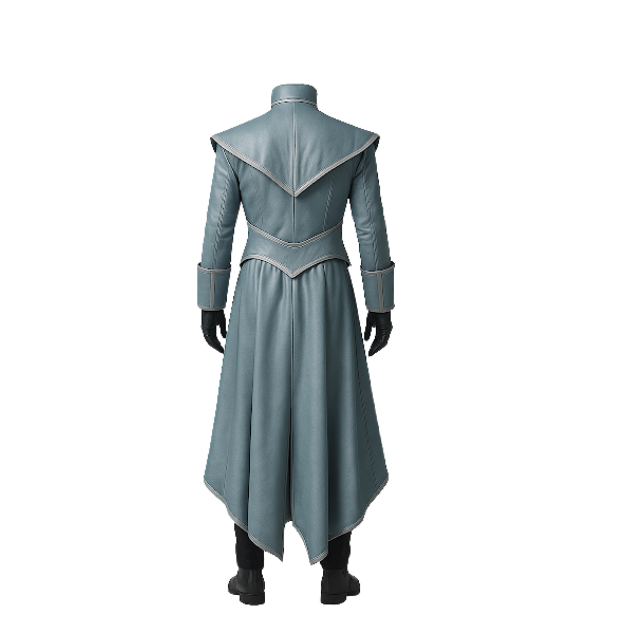Full back view of fantasy leather coat featuring long tailcoat style, paneled construction, belted waist, and sleek silhouette ideal for LARP warriors, RPG costumes, and gothic medieval outfits.