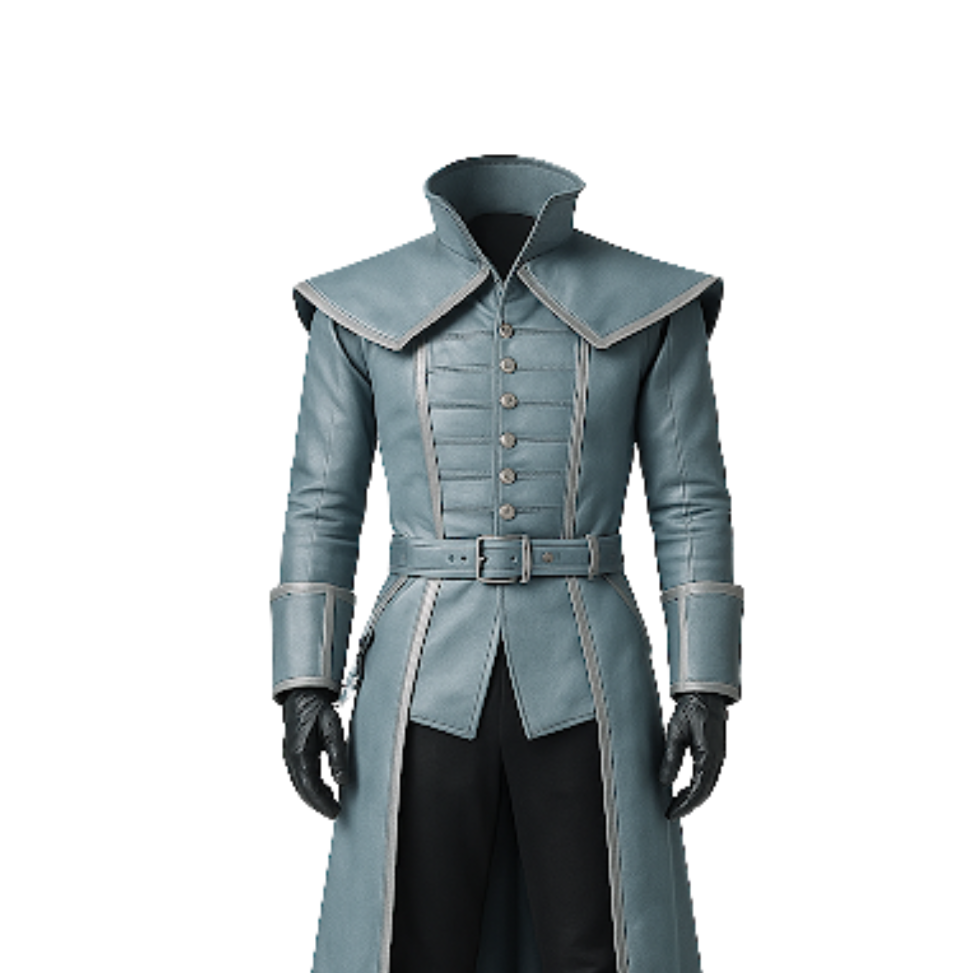 Close-up front view of blue-grey leather trench coat showing wide collar, reinforced cuffs, metallic button-front design, and smooth genuine leather texture crafted for fantasy cosplay and medieval character costumes.