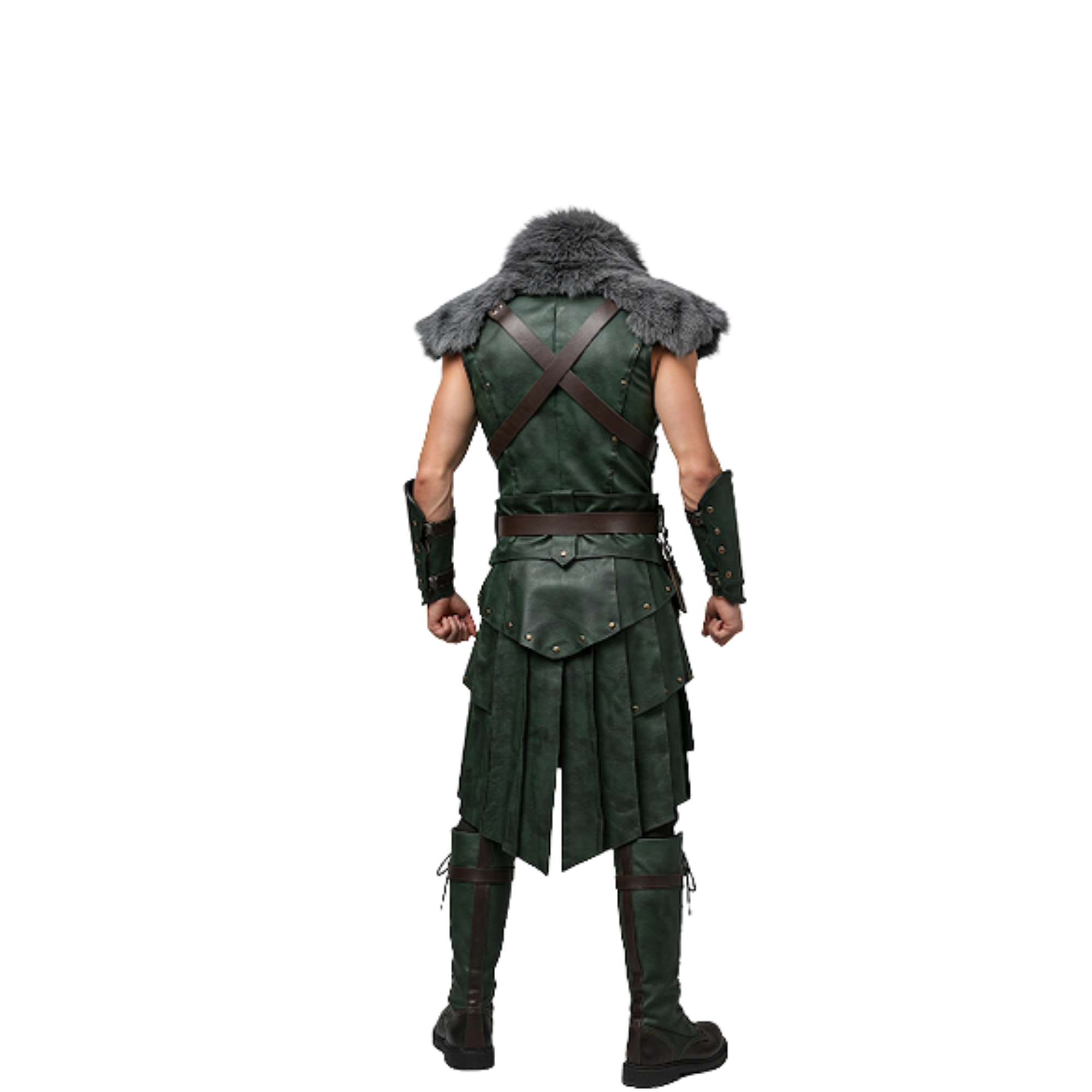 Handmade Green Leather Warrior Vest with Fur Mantle - LARP Cosplay Outfit