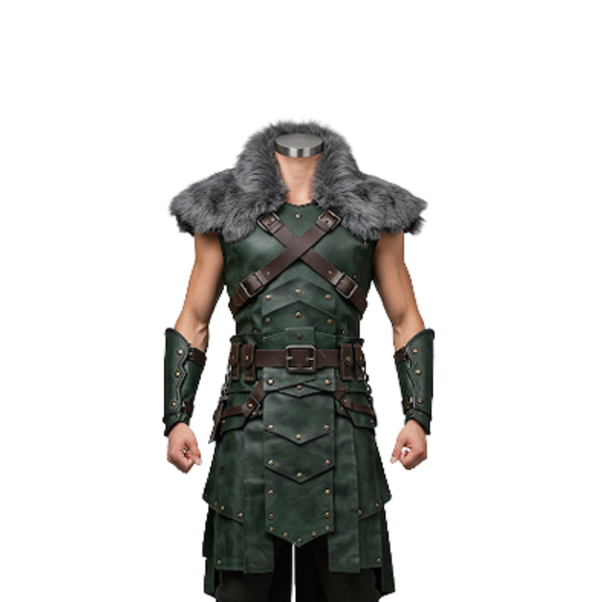 Handmade Green Leather Warrior Vest with Fur Mantle - LARP Cosplay Outfit