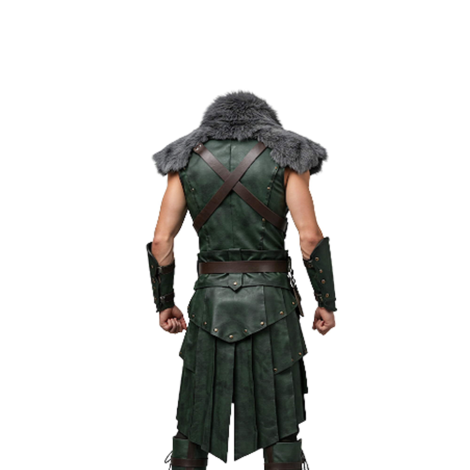 Handmade Green Leather Warrior Vest with Fur Mantle - LARP Cosplay Outfit