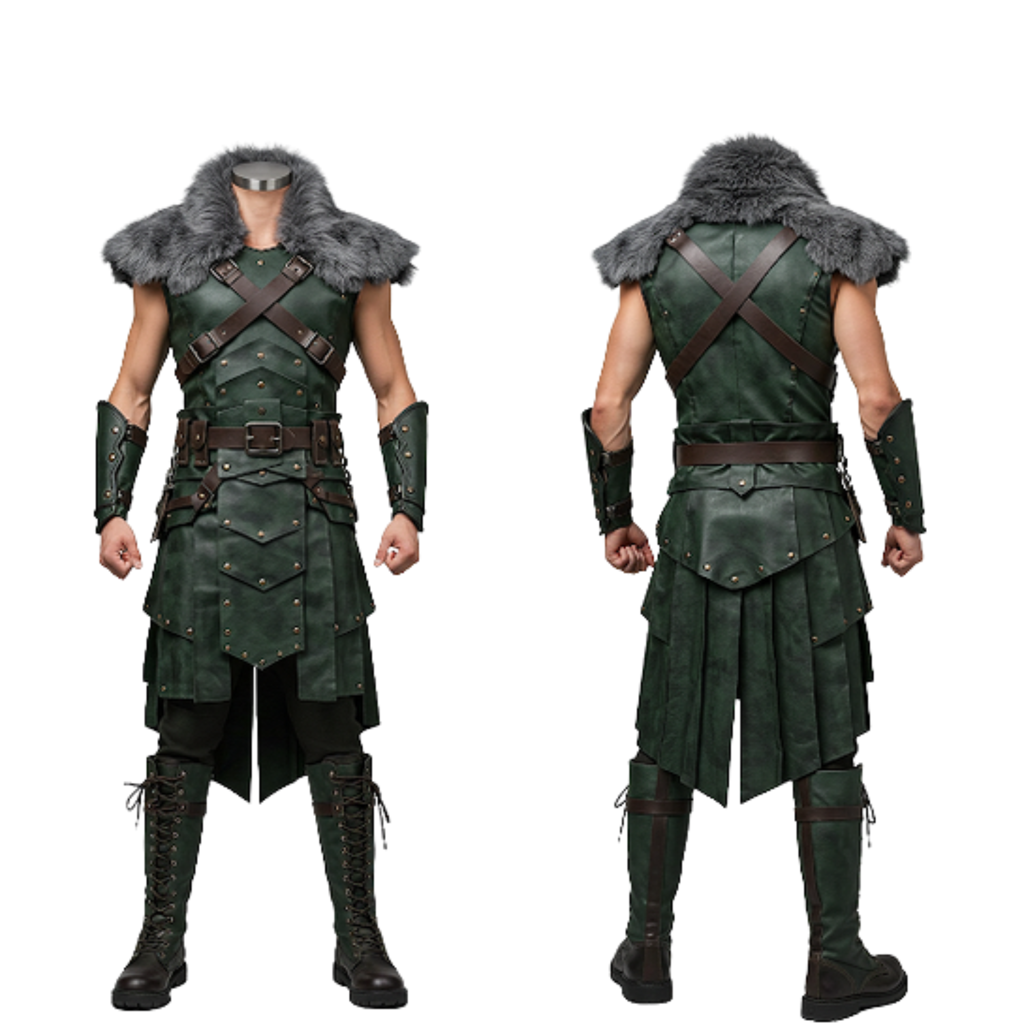 Handmade Green Leather Warrior Vest with Fur Mantle - LARP Cosplay Outfit