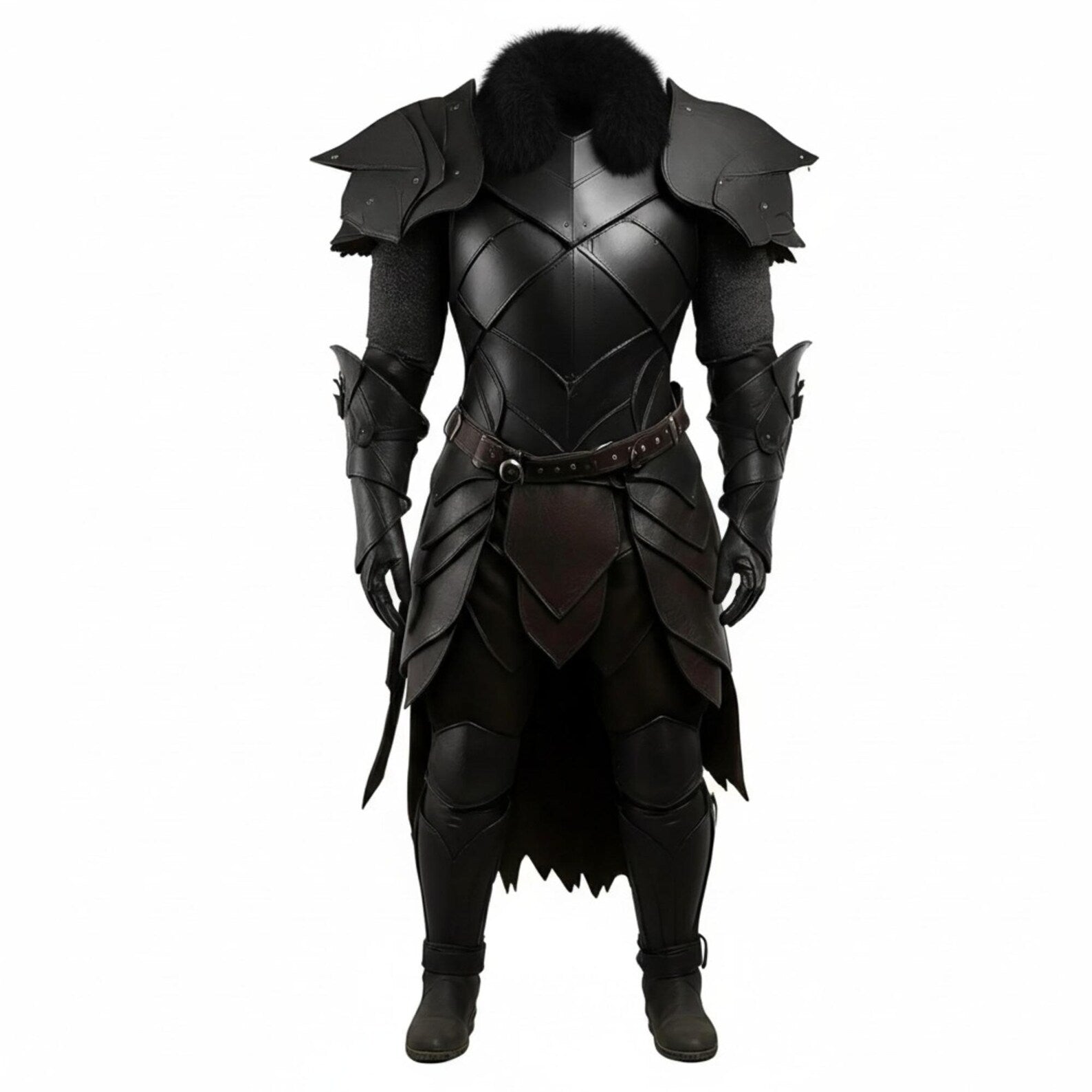 The Warborn King – Handmade Black Leather Warrior Armor Suit with Black Fur Collar – Medieval Dark Knight Cosplay, Fantasy & Battle Armor
