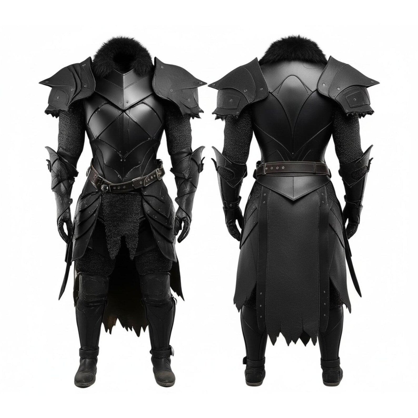 The Warborn King – Handmade Black Leather Warrior Armor Suit with Black Fur Collar – Medieval Dark Knight Cosplay, Fantasy & Battle Armor