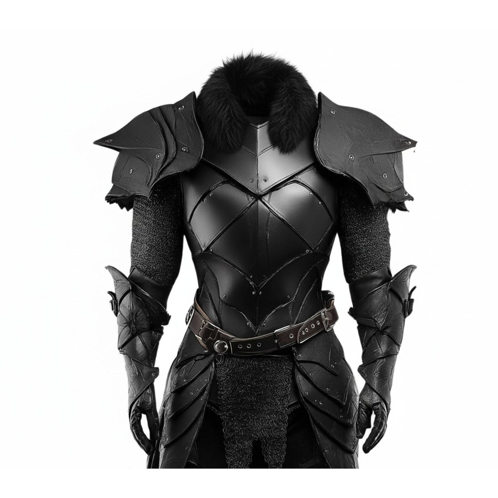 The Warborn King – Handmade Black Leather Warrior Armor Suit with Black Fur Collar – Medieval Dark Knight Cosplay, Fantasy & Battle Armor