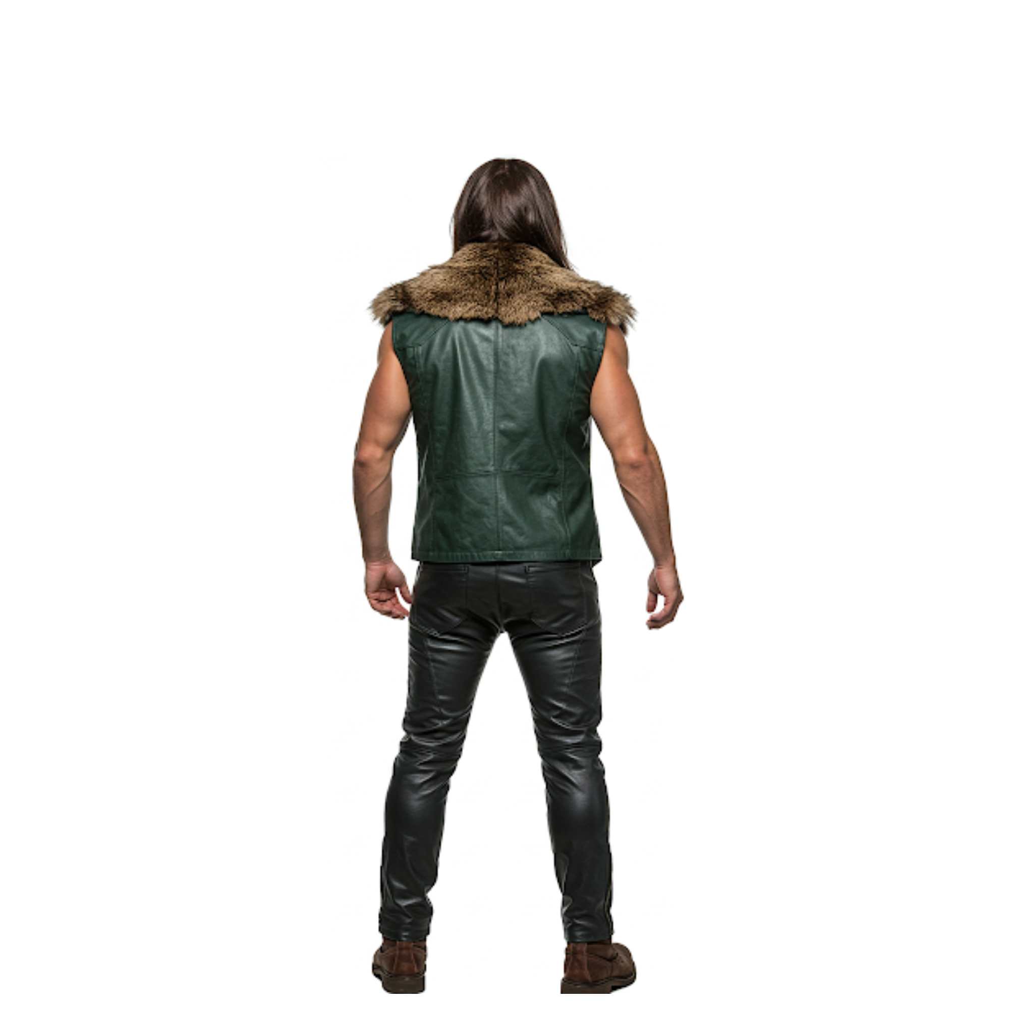Dark Green Leather Viking Vest with Fur Collar - LARP Cosplay