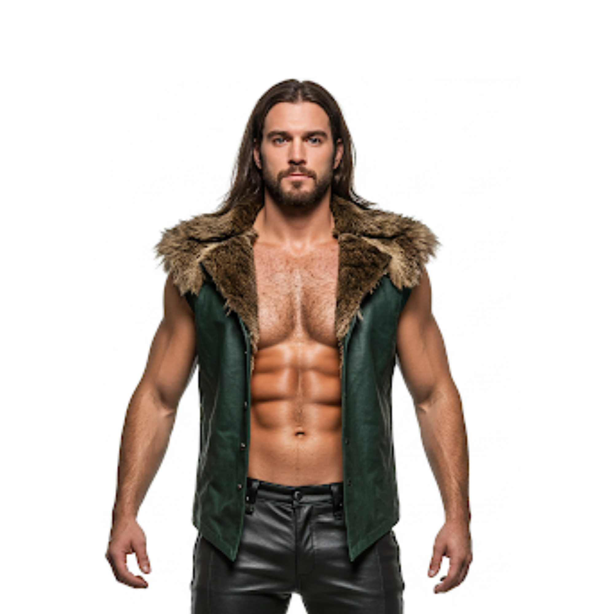 Dark Green Leather Viking Vest with Fur Collar - LARP Cosplay