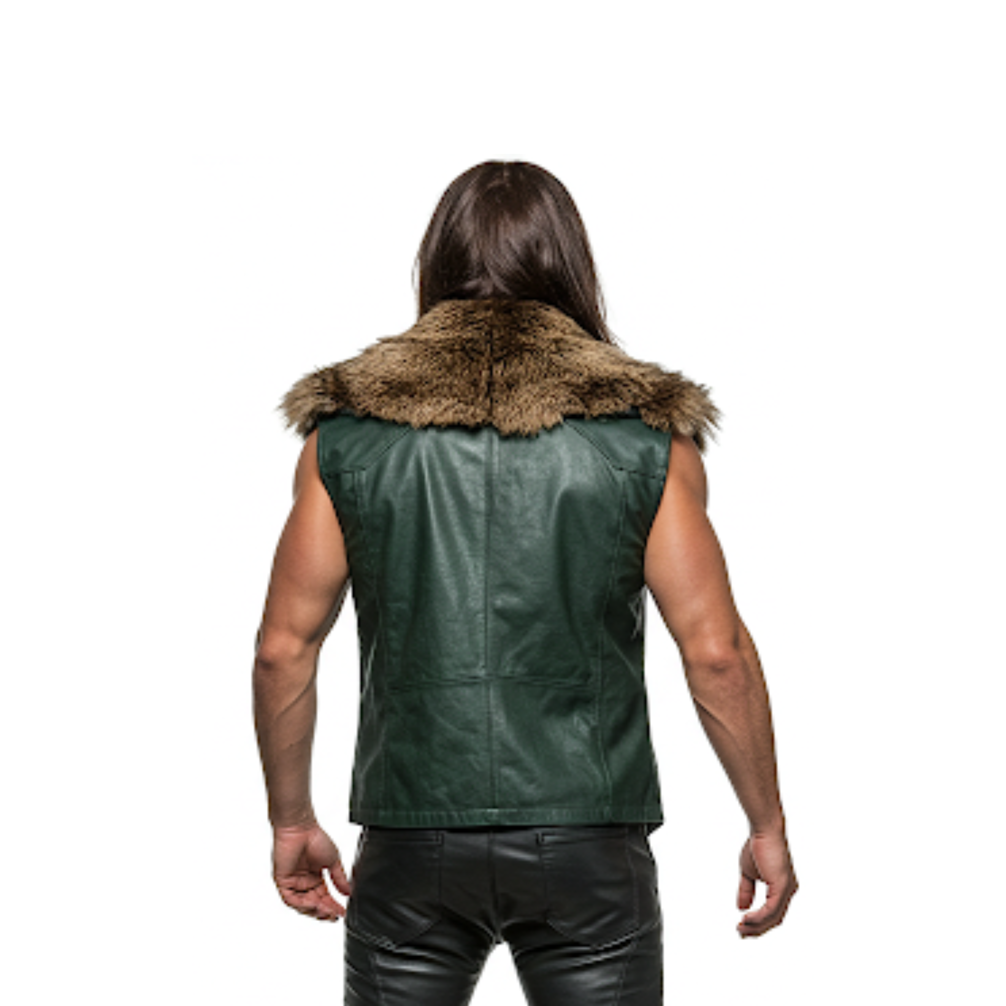 Dark Green Leather Viking Vest with Fur Collar - LARP Cosplay