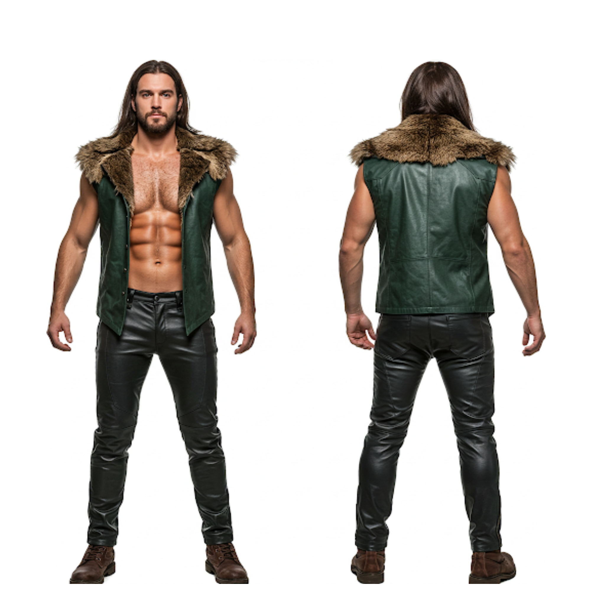 Dark Green Leather Viking Vest with Fur Collar - LARP Cosplay