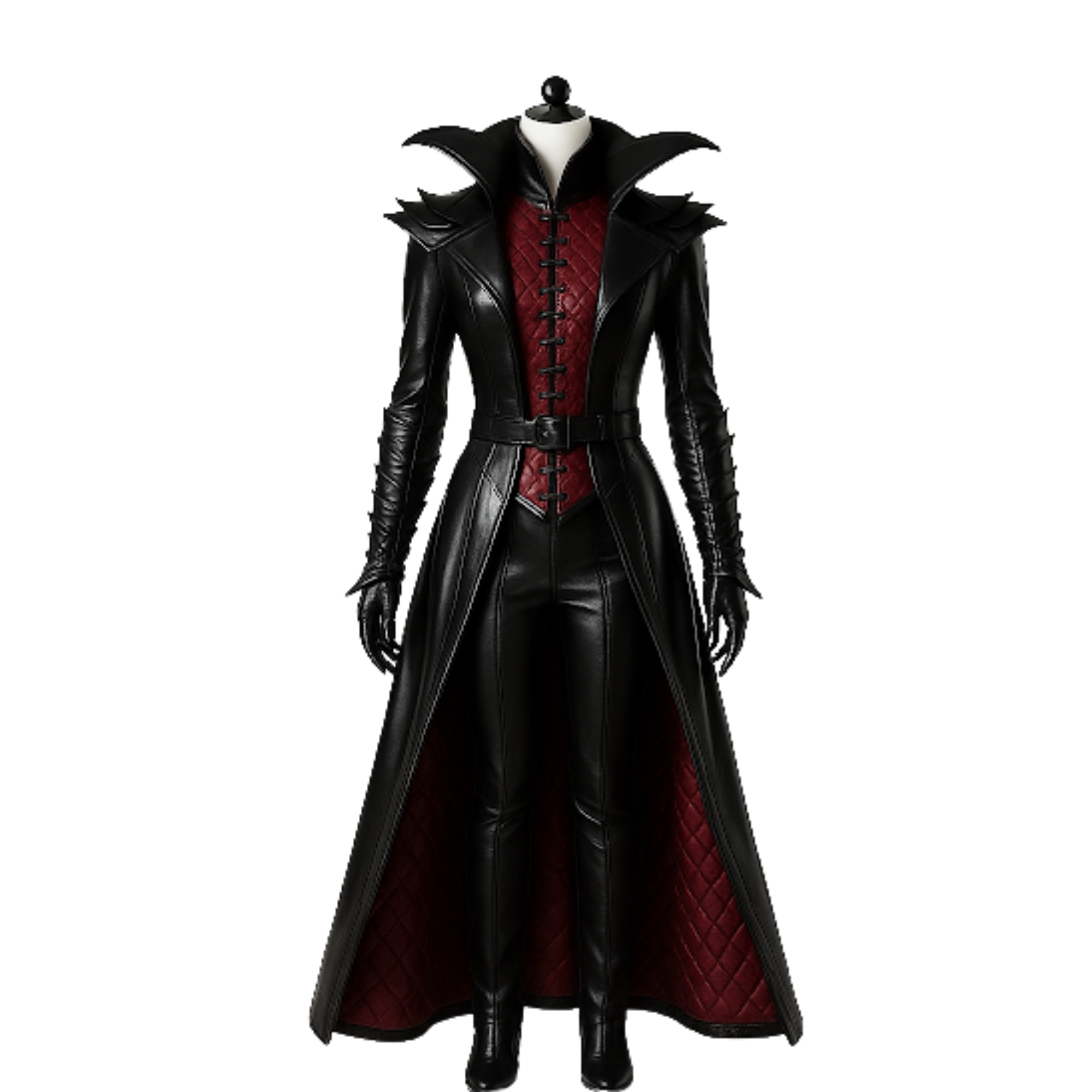 Vampire Queen Leather Coat Set - Gothic High Collar Trench Coat with Red Vest - Halloween Cosplay Costume - Dark Fantasy LARP Outfit