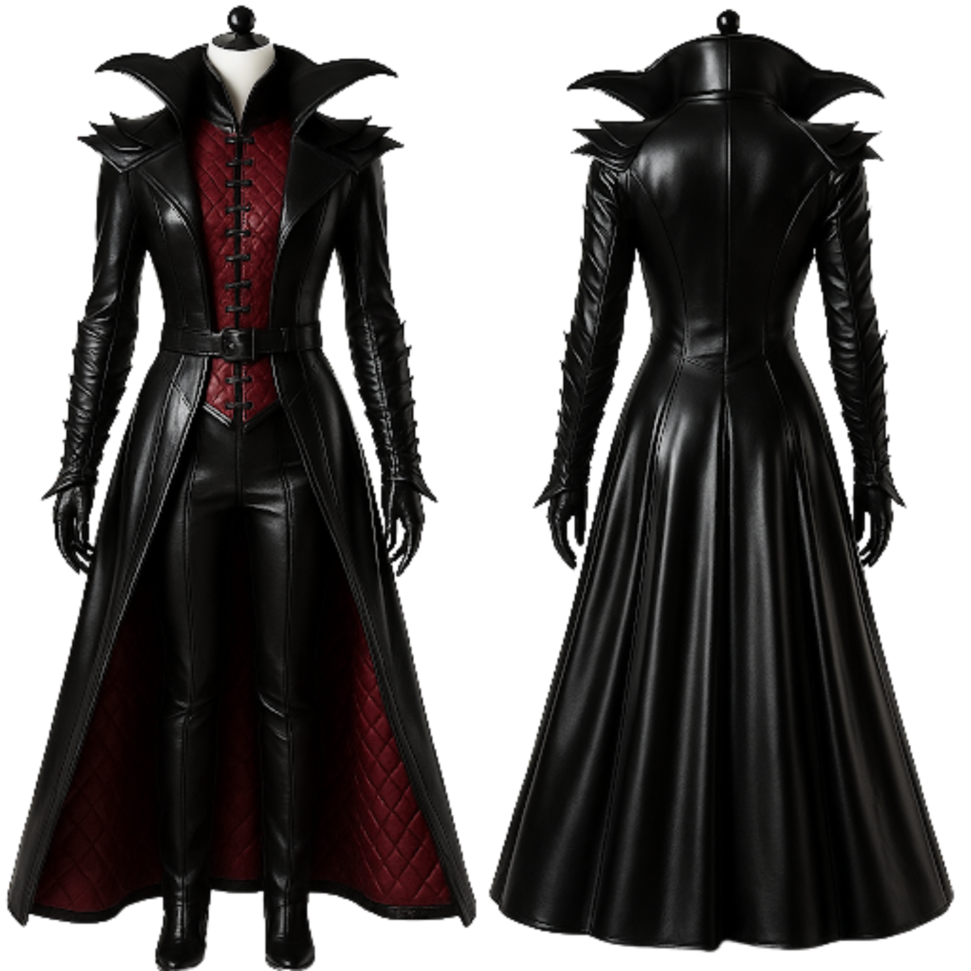 Vampire Queen Leather Coat Set - Gothic High Collar Trench Coat with Red Vest - Halloween Cosplay Costume - Dark Fantasy LARP Outfit