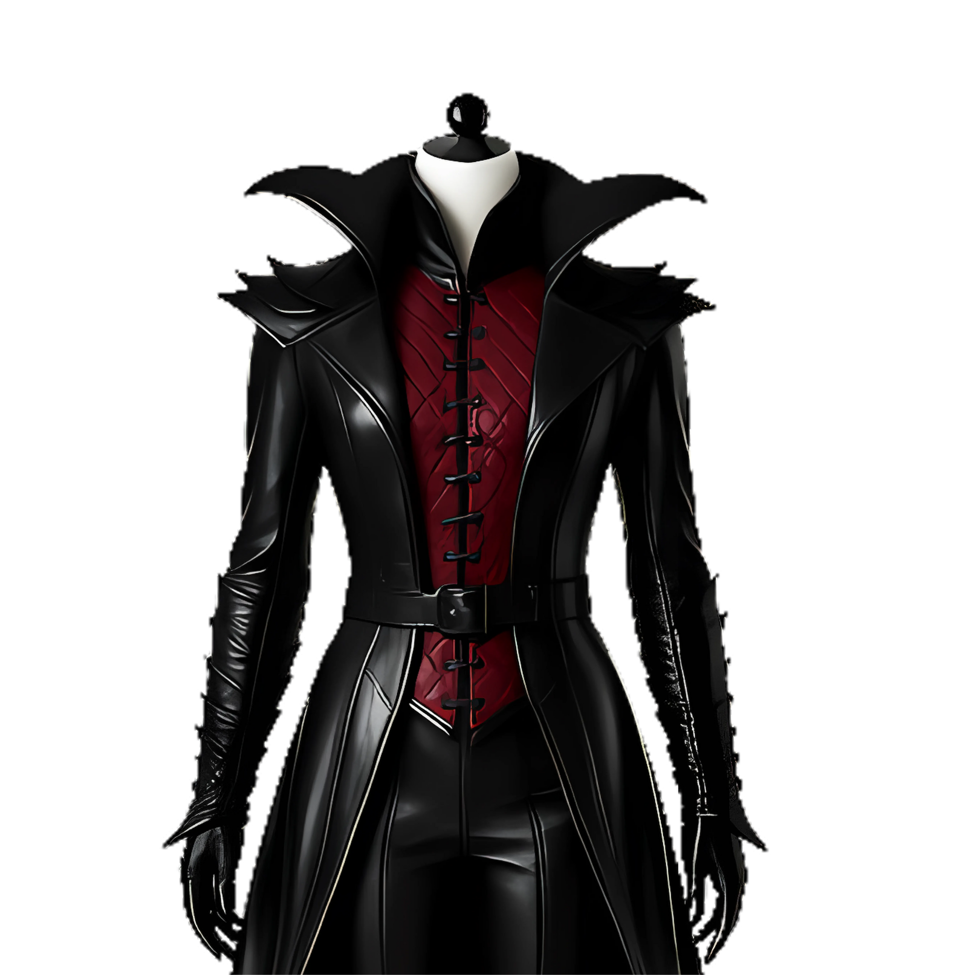 Vampire Queen Leather Coat Set - Gothic High Collar Trench Coat with Red Vest - Halloween Cosplay Costume - Dark Fantasy LARP Outfit