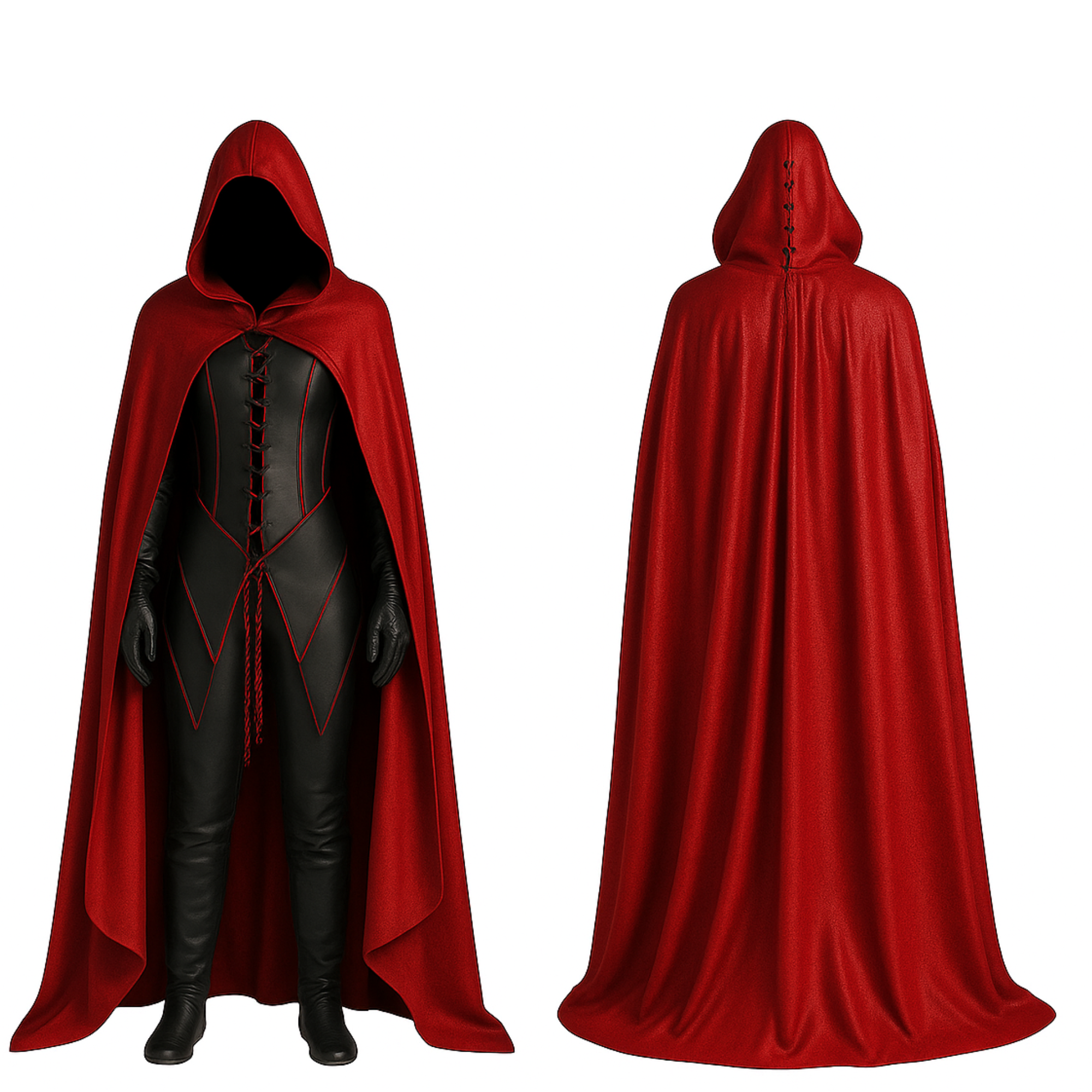 Vermilion Dreadlord – Leather Red Hooded Cloak with Vest, Gothic Vampire Costume for LARP, Cosplay, Renaissance, Halloween