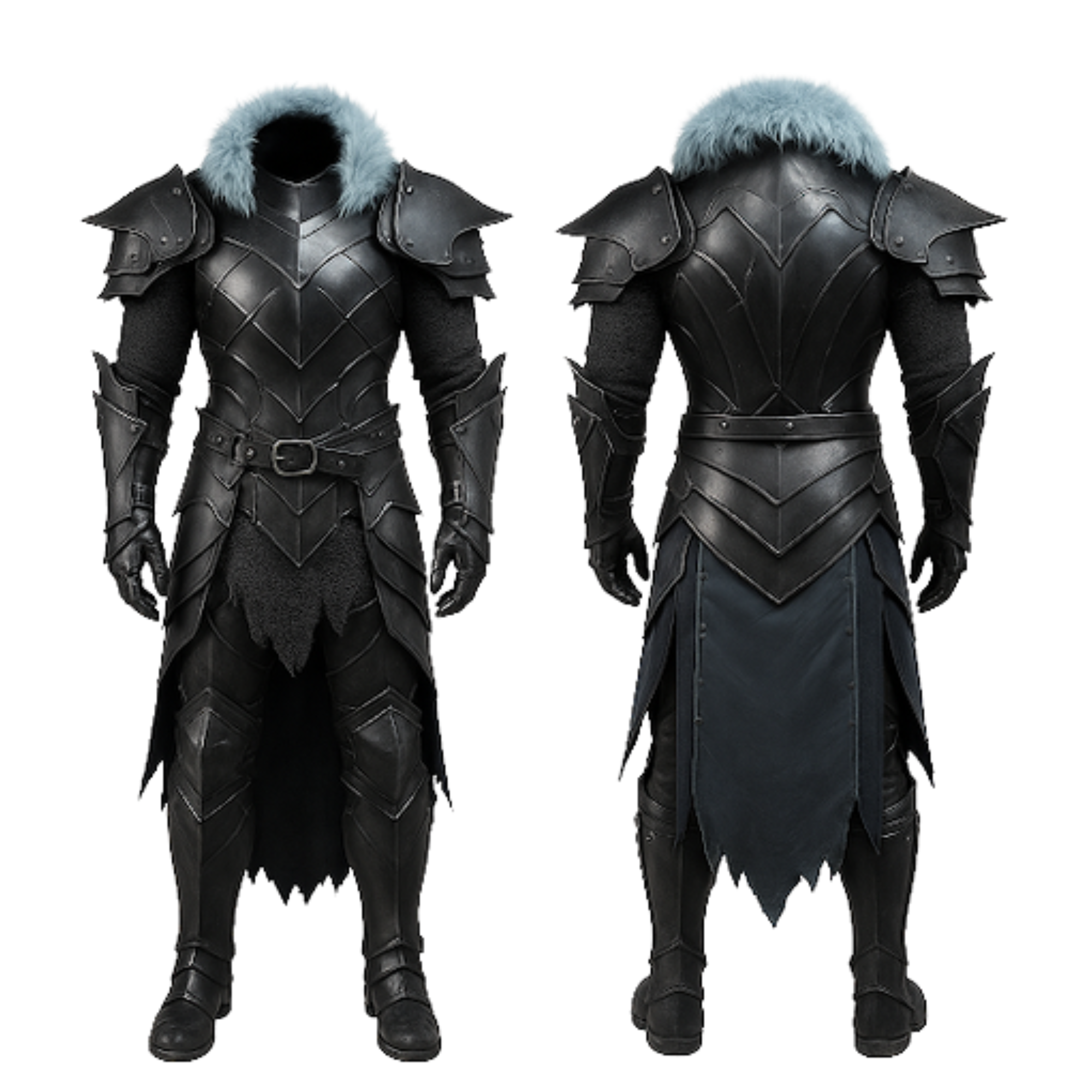 Wintermaw Revenant – Black Leather Fantasy Armor with Blue Fur Collar, Gothic Medieval Knight LARP Cosplay, Halloween Dark Warrior Outfit