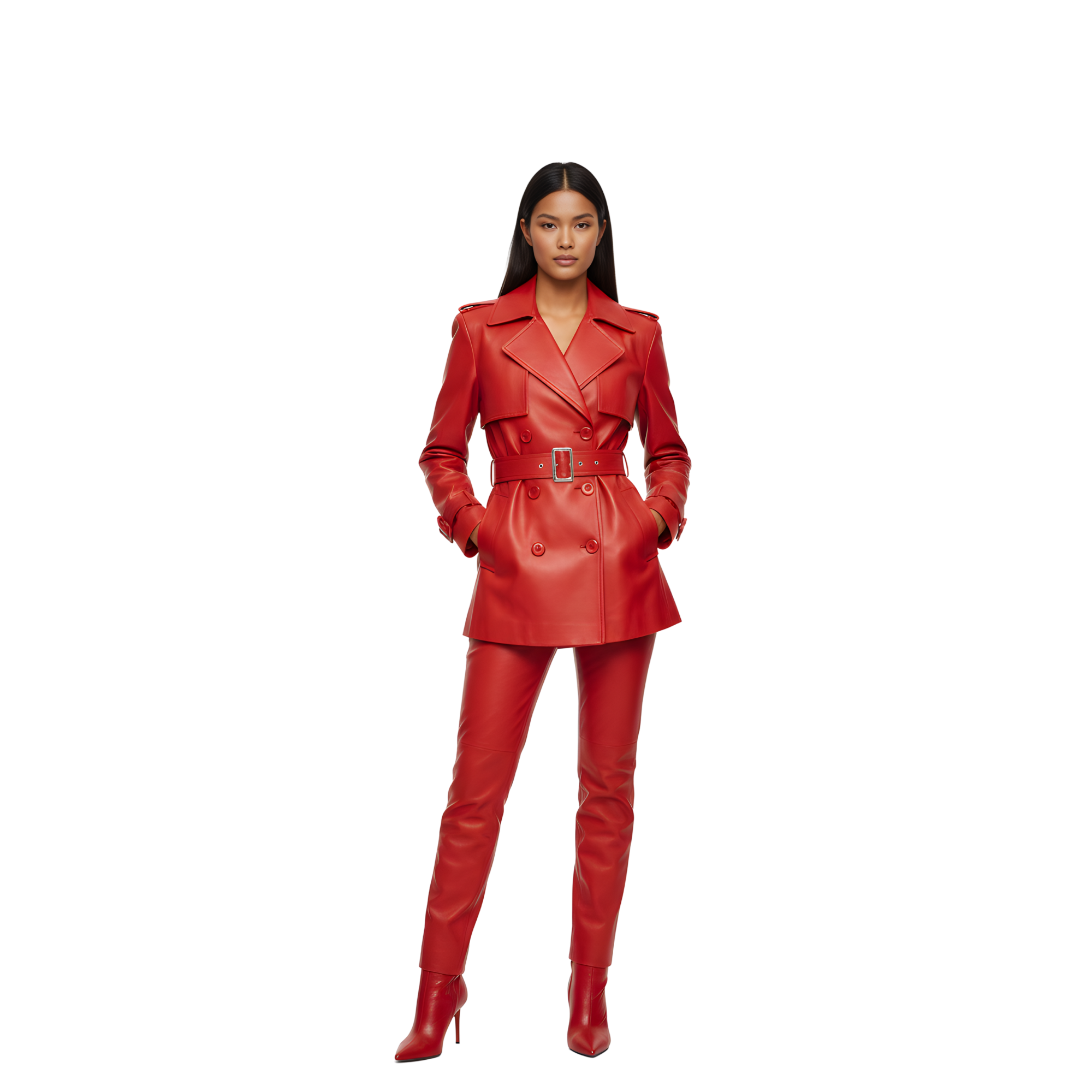 Women Leather Trench Coat and Pants Set – Double-Breasted Belted Trench Outfit – Premium Leather Set for Cosplay, Streetwear – Gift for Women