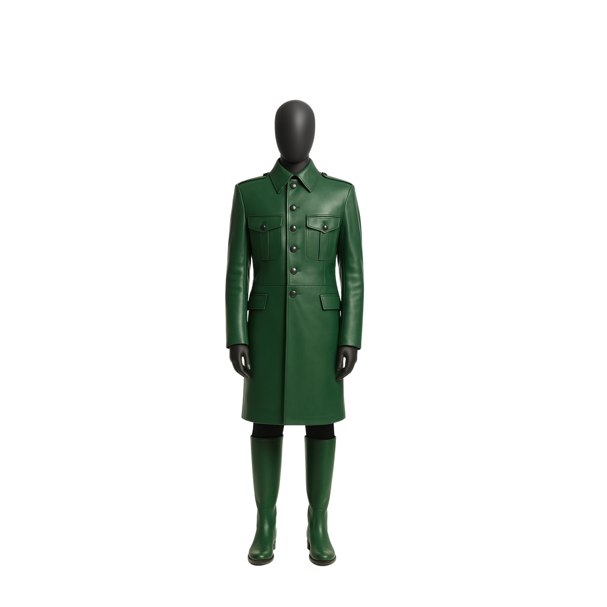 Emerald Green Leather Military Trench Coat – Avant Garde Officer Style