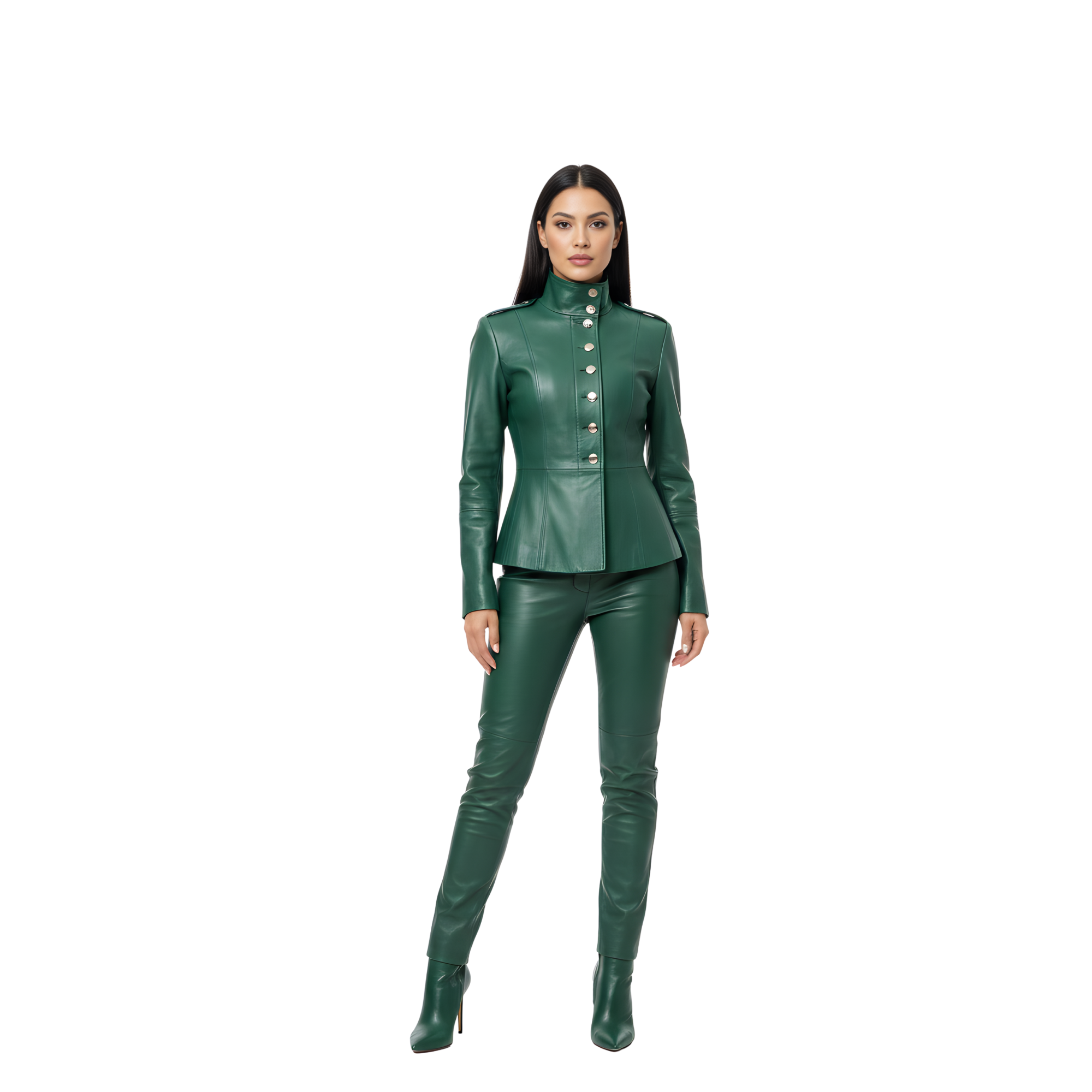 Women Military Style Leather Suit – High Neck Peplum Jacket & Pants Set – Emerald Leather Outfit for Streetwear, Cosplay - Gift for Her
