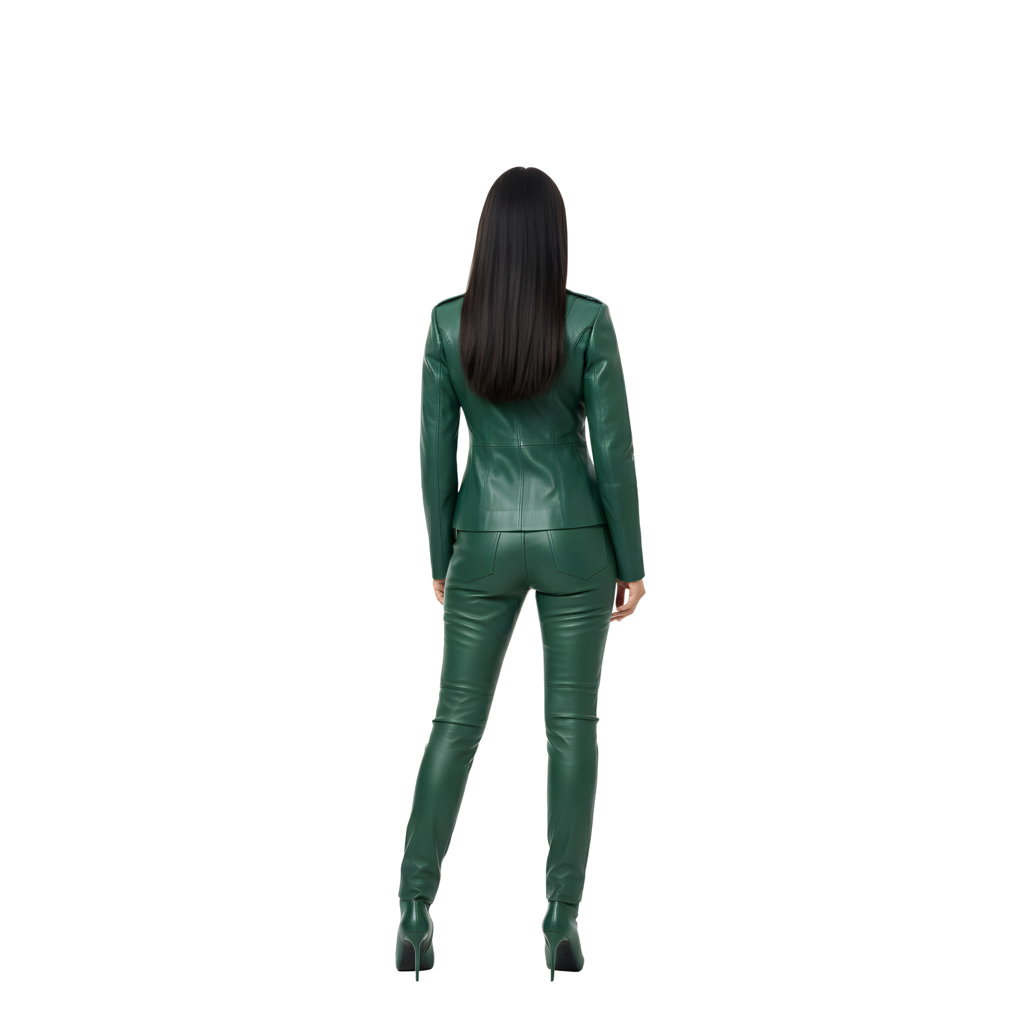 Women Military Style Leather Suit – High Neck Peplum Jacket & Pants Set – Emerald Leather Outfit for Streetwear, Cosplay - Gift for Her