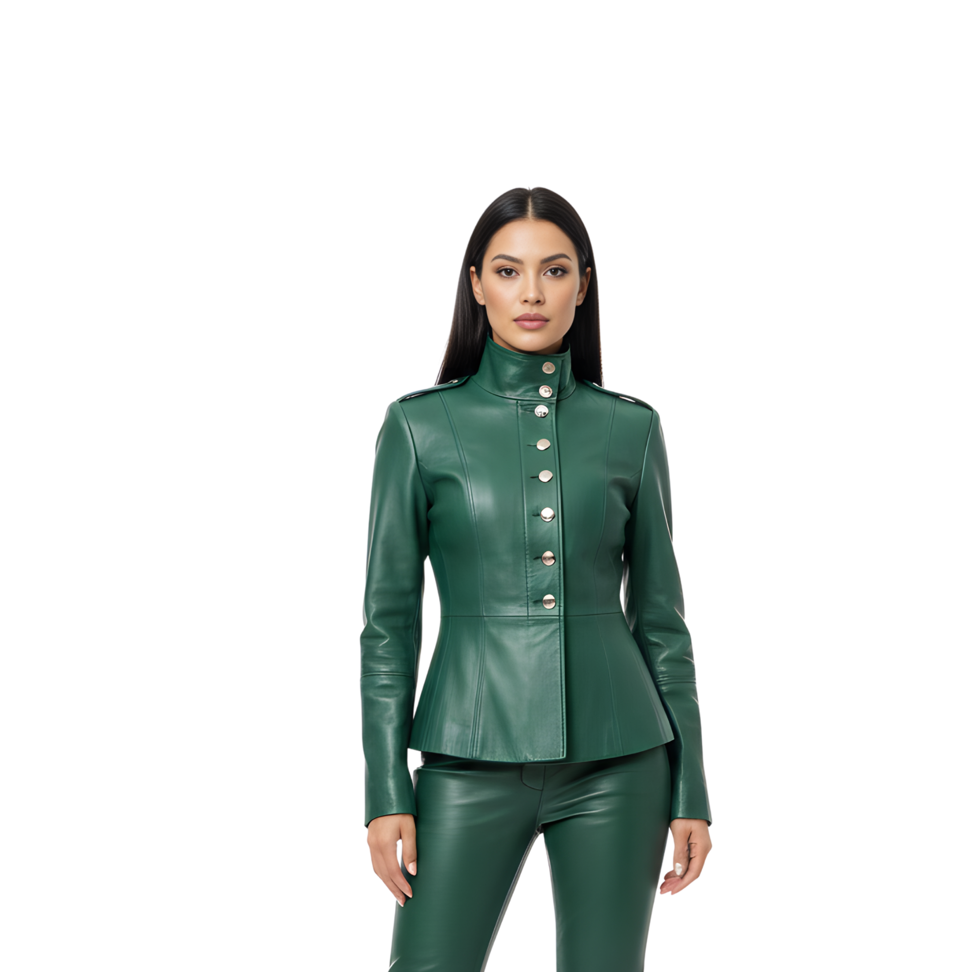 Women Military Style Leather Suit – High Neck Peplum Jacket & Pants Set – Emerald Leather Outfit for Streetwear, Cosplay - Gift for Her