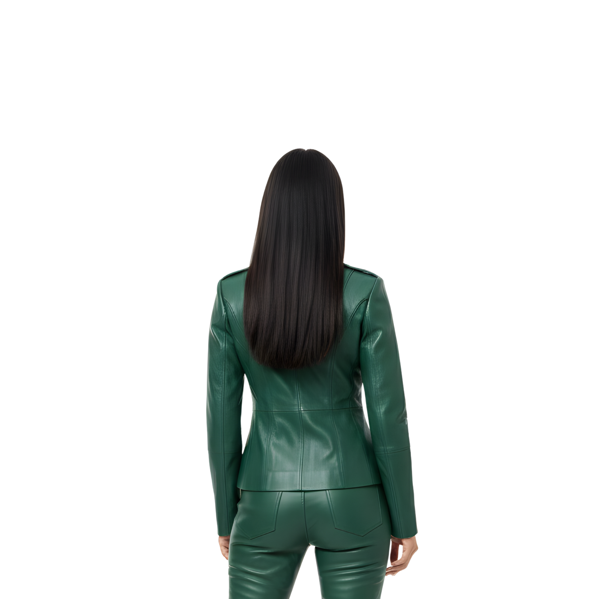 Women Military Style Leather Suit – High Neck Peplum Jacket & Pants Set – Emerald Leather Outfit for Streetwear, Cosplay - Gift for Her